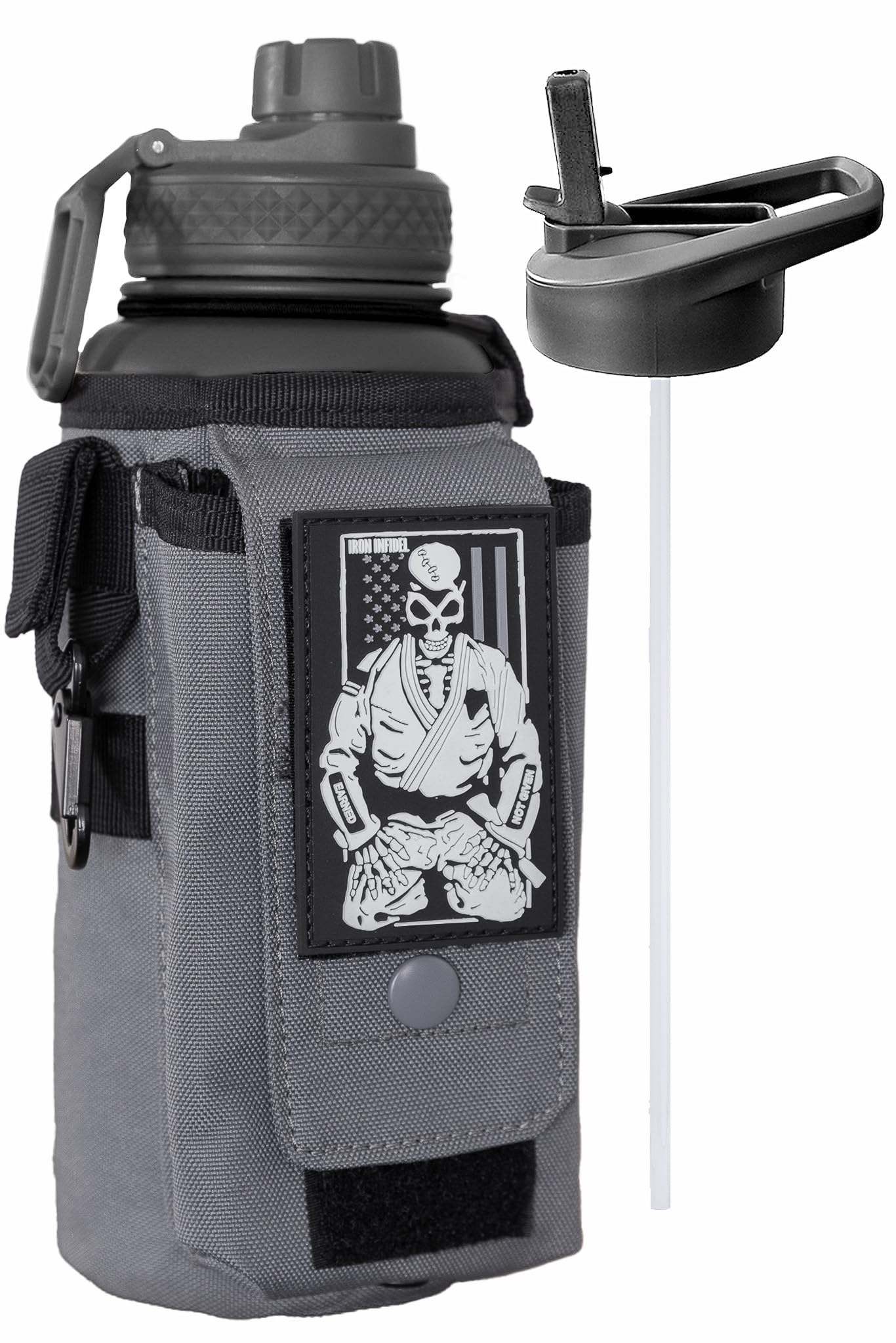 Iron Infidel Battle Bottle - 32 Oz Insulated Water Bottle with Straw Lid &amp; Chug Cap, Stainless Steel Metal Flask Includes Rugged, Removable Sleeve for Keys, Wallet, &amp; Phone (Earned, Not Given 1 Liter)