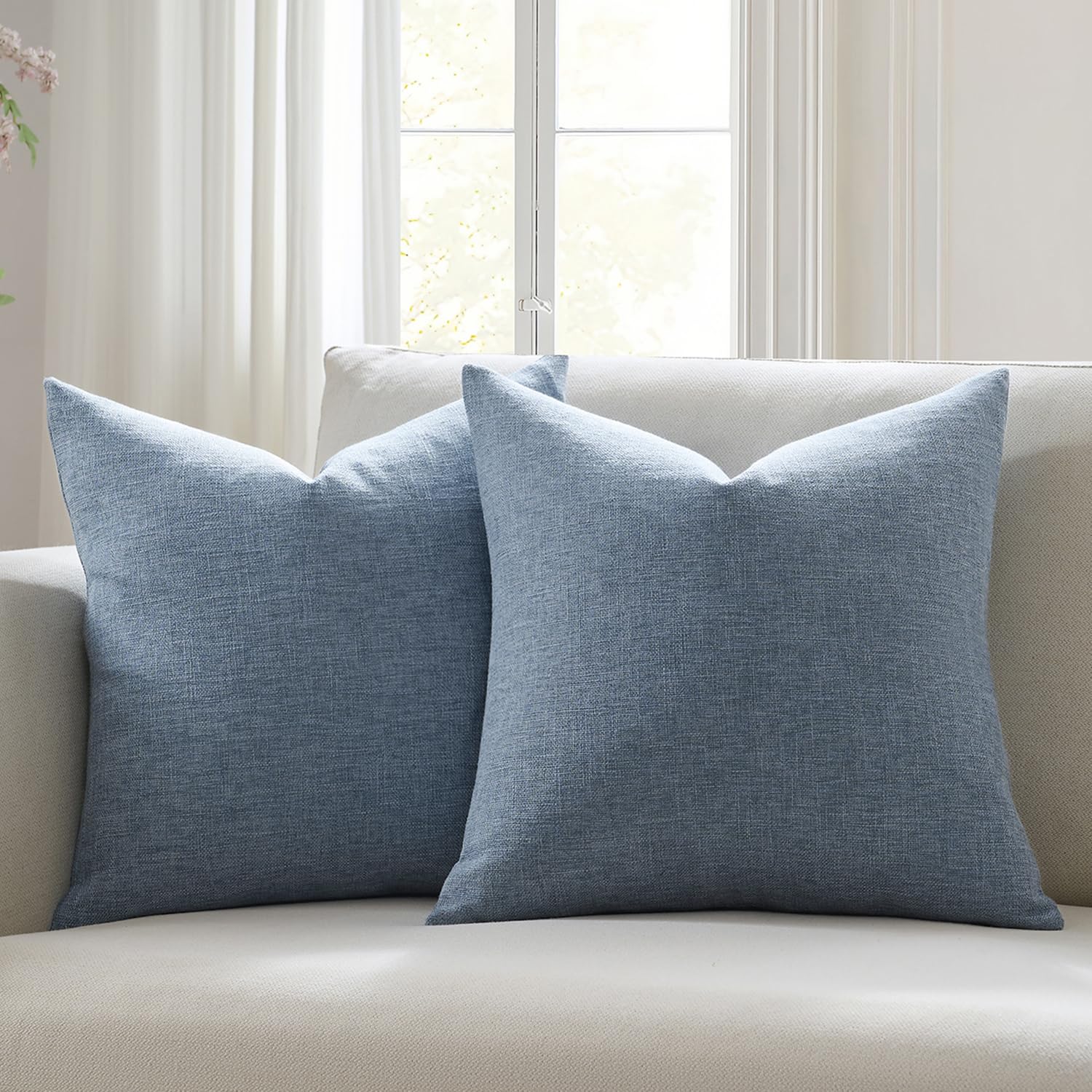 Meekio Set of 2 Slate Blue Pillow Covers 20x20, Farmhouse Linen Decorative Throw Cushion Covers for Sofa Couch