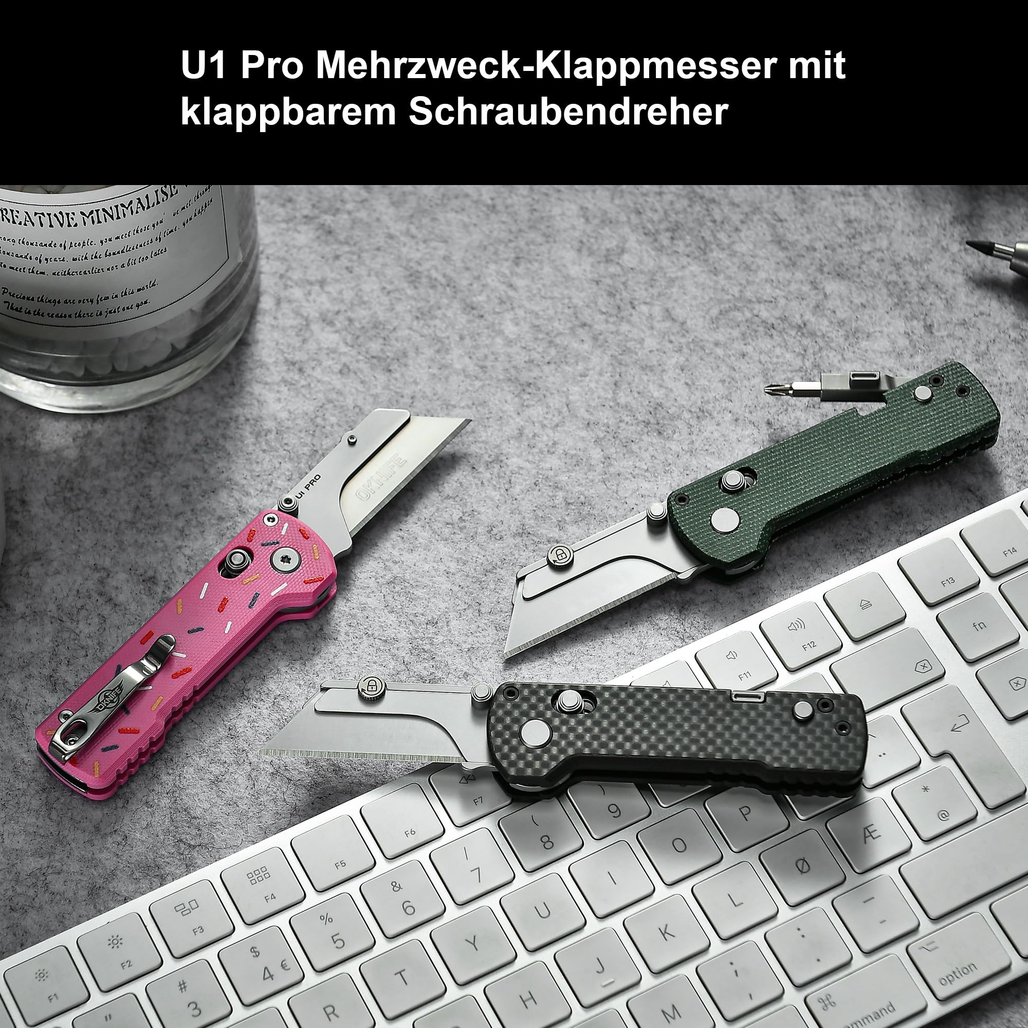 OKNIFE U1 Pro Rail-Lock Klappmesser Multicutter Teppichmesser | Multifunktions Klappmesser, Schnellwechselklinge, Schraubendreher & Taschenclip für Handwerk & Alltag(Carbon Fiber)