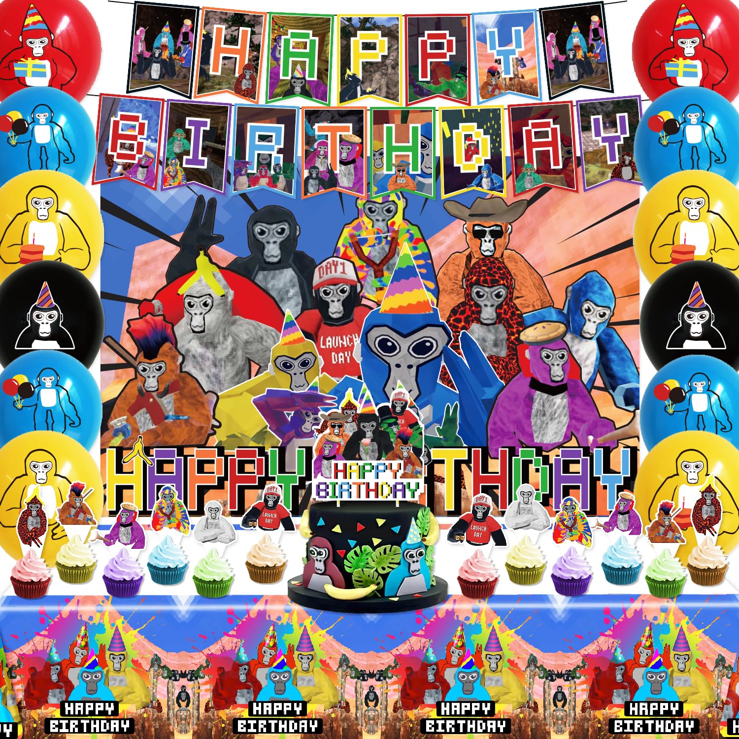 Gori-lla Game Theme Birthday Party Decorations, Gori-lla Happy Birthday Banner, Backdrop, Balloons, Cake Topper, Cupcake Toppers, Tablecloth, VR Game Theme Party for Kids and Fans