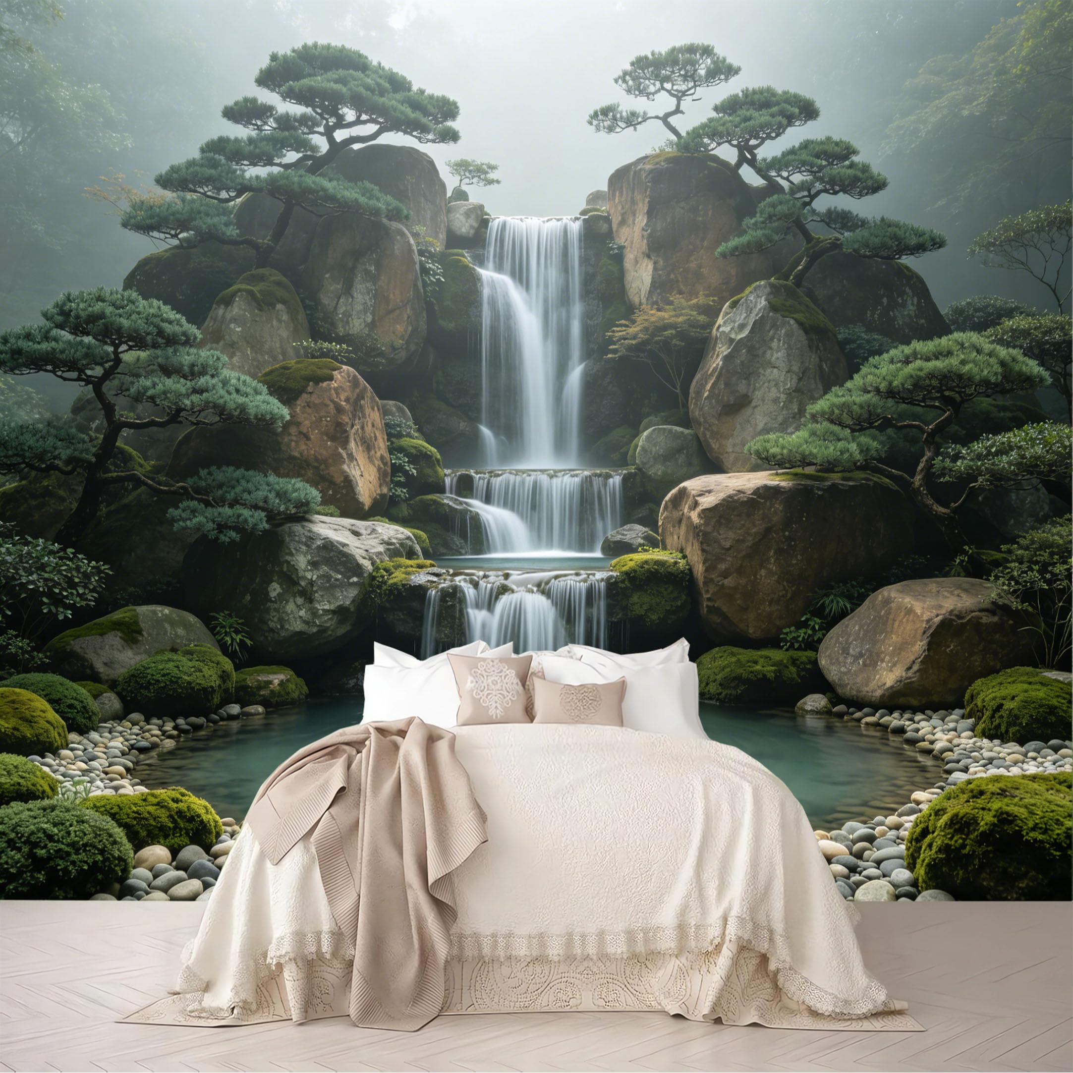 Dskjoviality Ab260706051 Custom Size Wall Mural Zen Garden Multi Layer Waterfall Moss Pine Scenery Removable Self Adhesive Peel And Stick Wallpaper For Bedroom Living Room