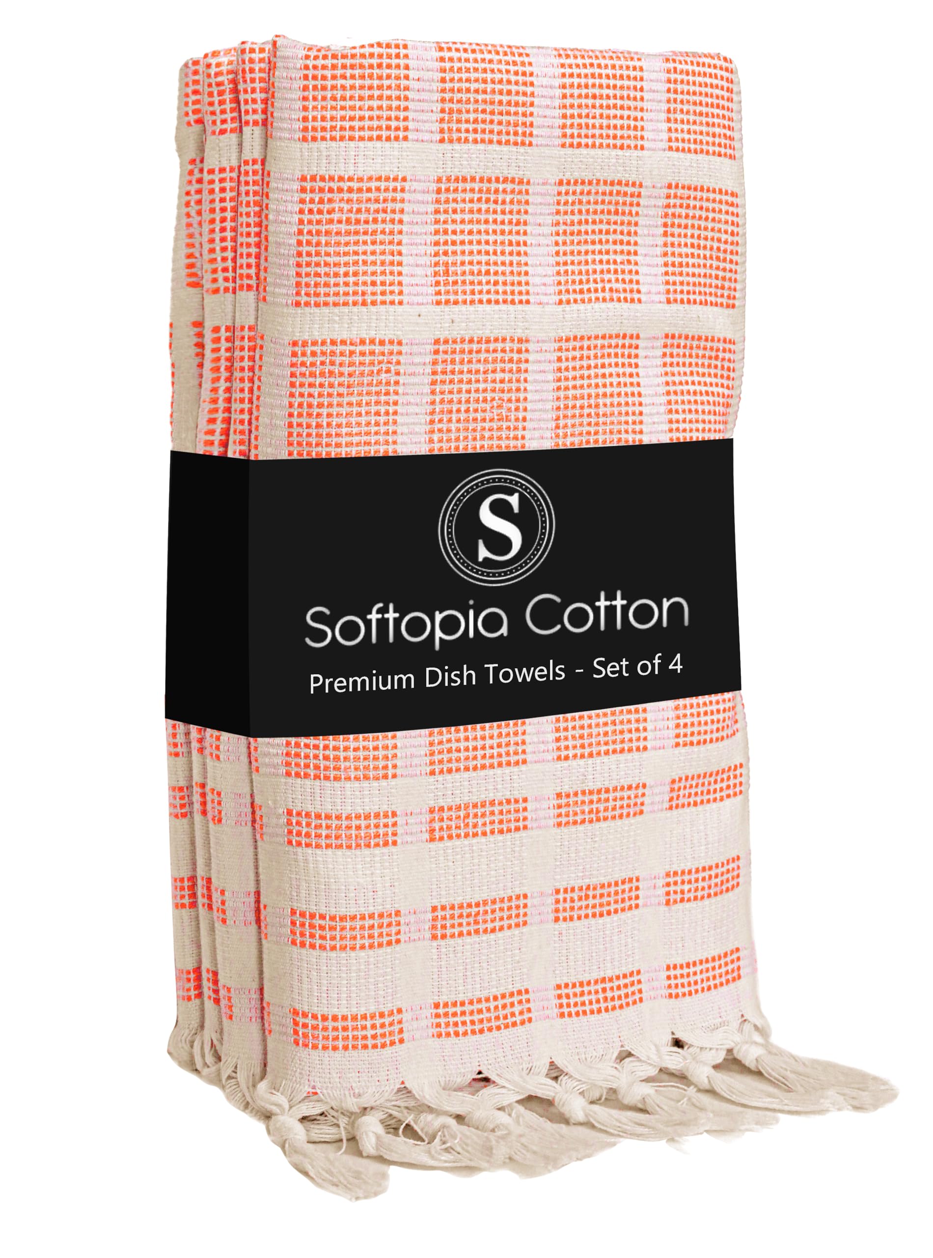 Matrix Dobby Kitchen Towels 4 Pack 100% Cotton, 16x26 Inches, Decorative Tea Towels with Handmade Tassels, Absorbent, Reusable Dish Cloths for Drying Dishes - Bright Orange, Natural