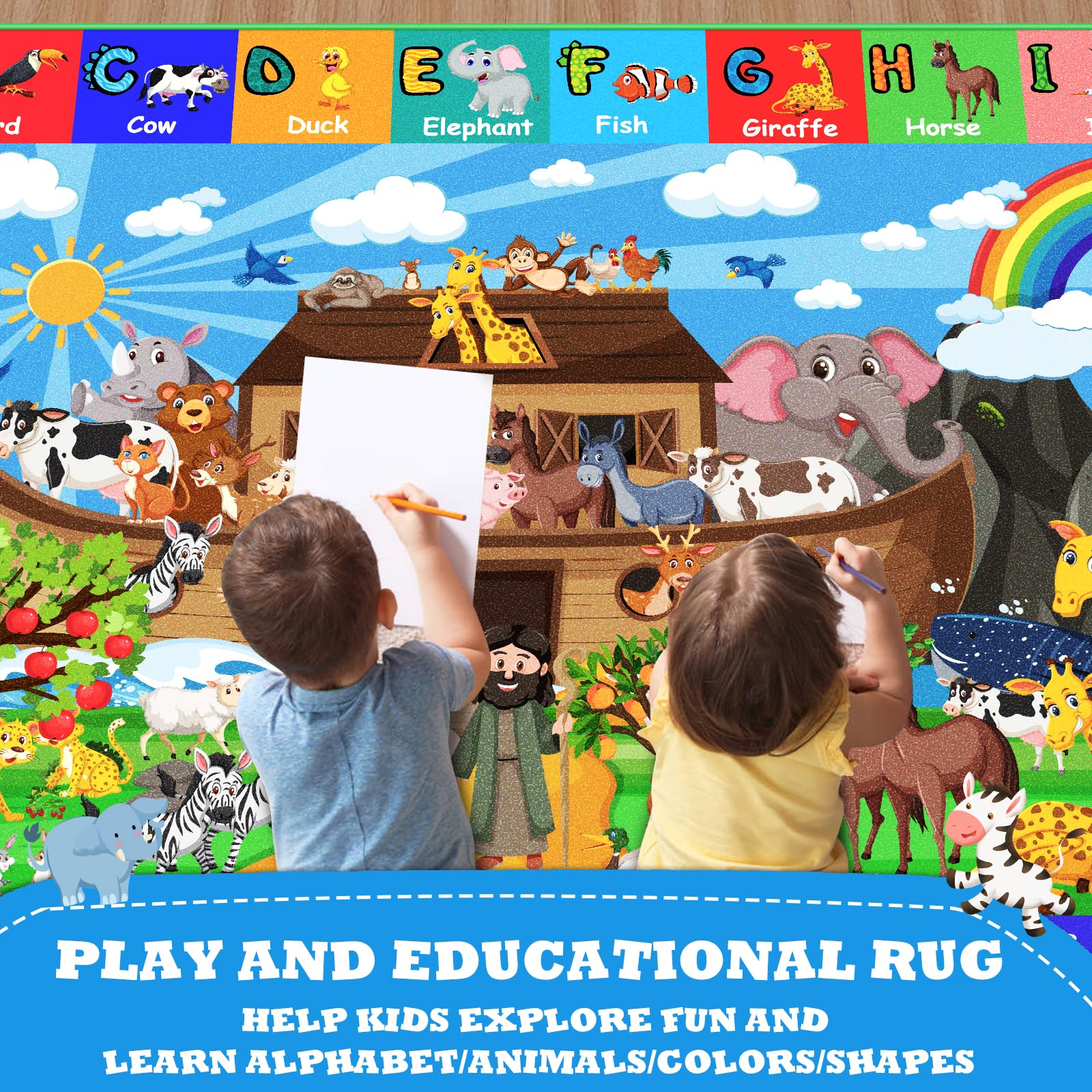 DINSUMRUG ABC Kids Rug for Playroom 150×100 CM Noah's Ark Animals Rug Baby Play Mat Alphabet Mat Shape Color Classroom Carpet Kids Playroom Early Learning Carpet for Preschool Toddlers Tummy Time - Image 3