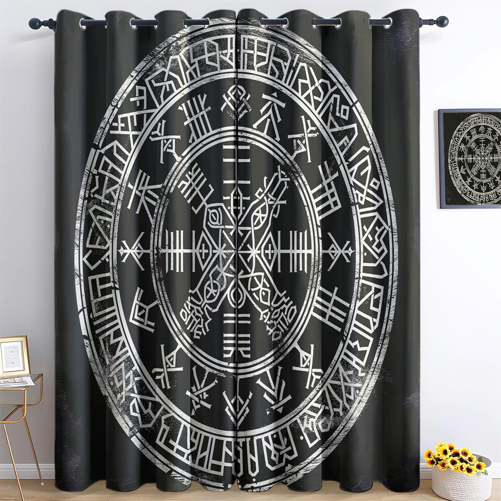 Cortinas Opacas 2 Piezas Vikingo Símbolo Círculo Gris 117 x 138cm Cortinas Termicas Aislantes Frio Y Calor, Cortinas Blackout Salon Moderna, Cortinas Termica Dormitorio, Cortina Ojales