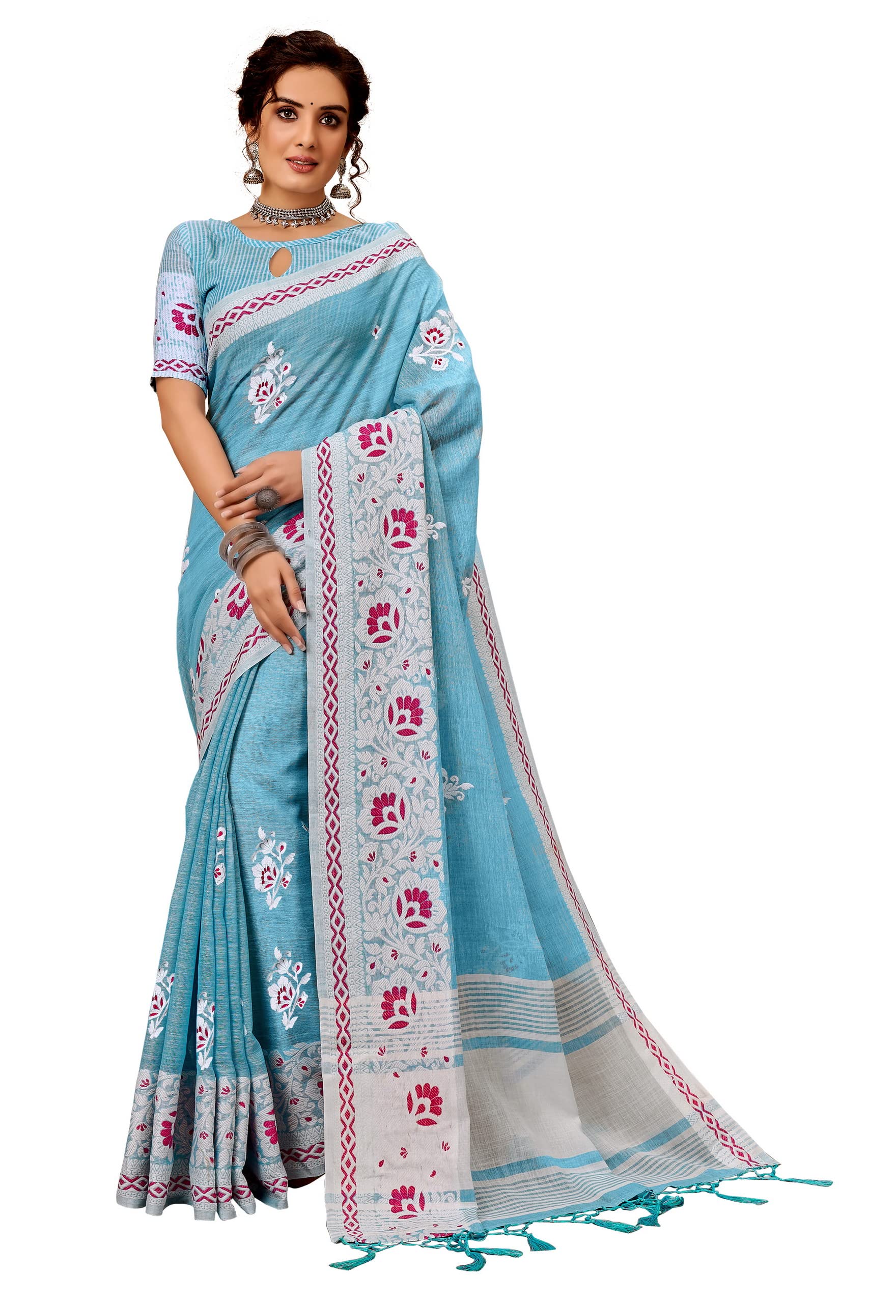 Lami Women's Multicolor Linen Cotton Butta Embroidery Saree with Weaving Handmade Jhalar Pallu and Weaving Blouse