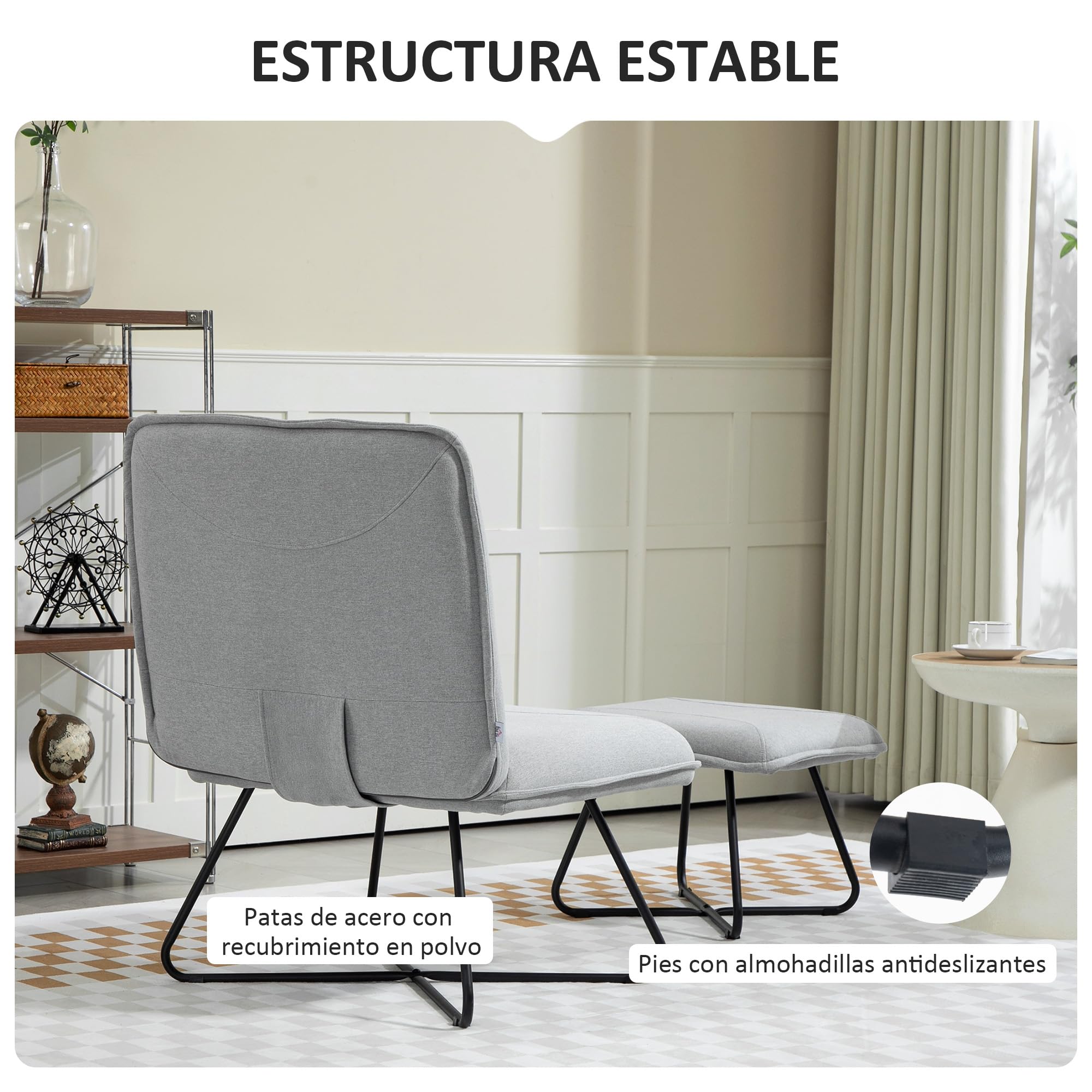 HOMCOM Sillón Relax con Reposapiés sin Brazos Patas de Acero Gris Claro