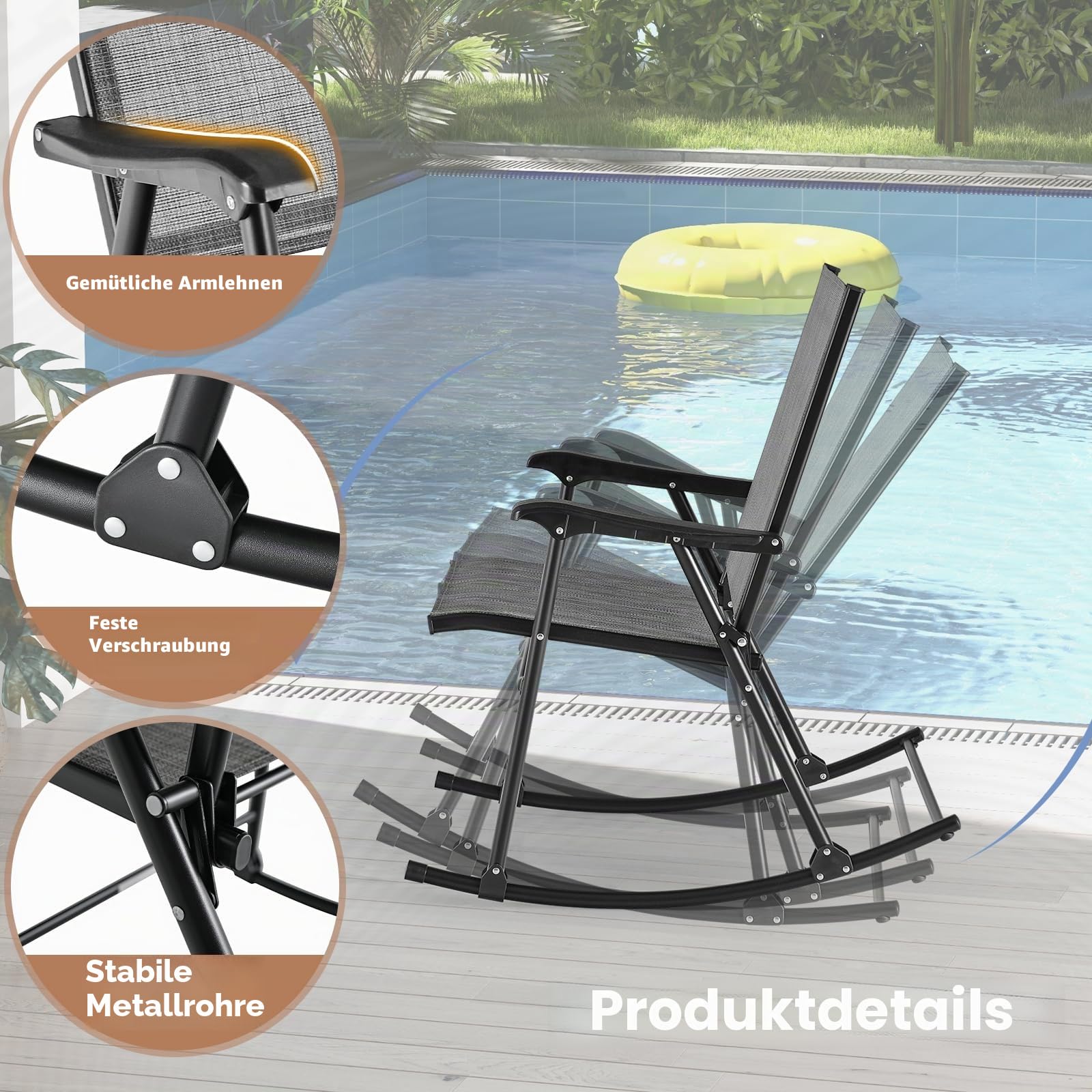 KOMFOTTEU Schaukelstühle klappbar, Gartenstühlen mit Armlehnen, Terrassenstühle Fußstütze, Balkonschaukel mit Traglast 150 kg, Klappstuhl für Terrasse, Strand