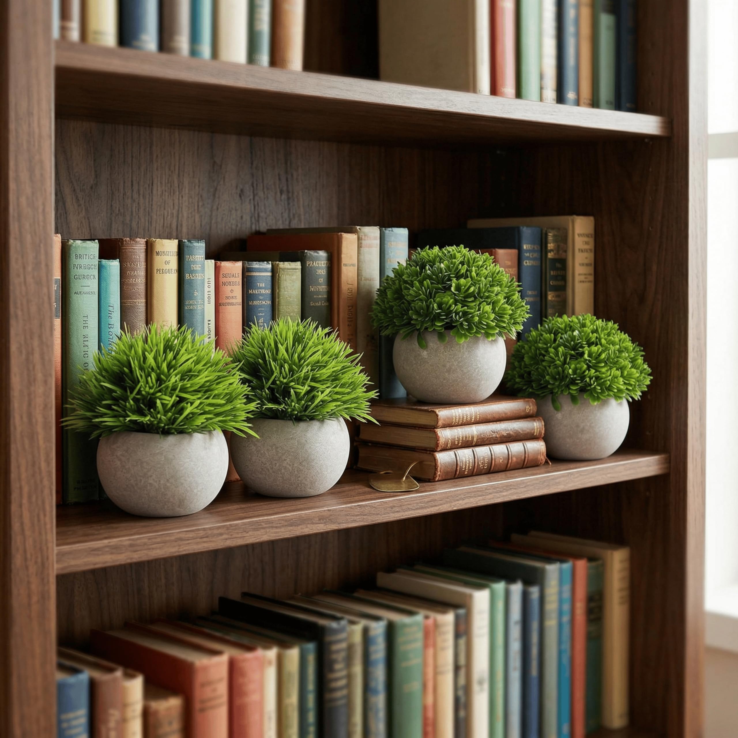Dekorly® 4 Packs Artificial Potted Plants Bathroom Fake Shelf Plant Office Table Decor Mini Green Faux Topiary Kitchen Cabinet Farmhouse Decorations (4 Plastic Pots) 3