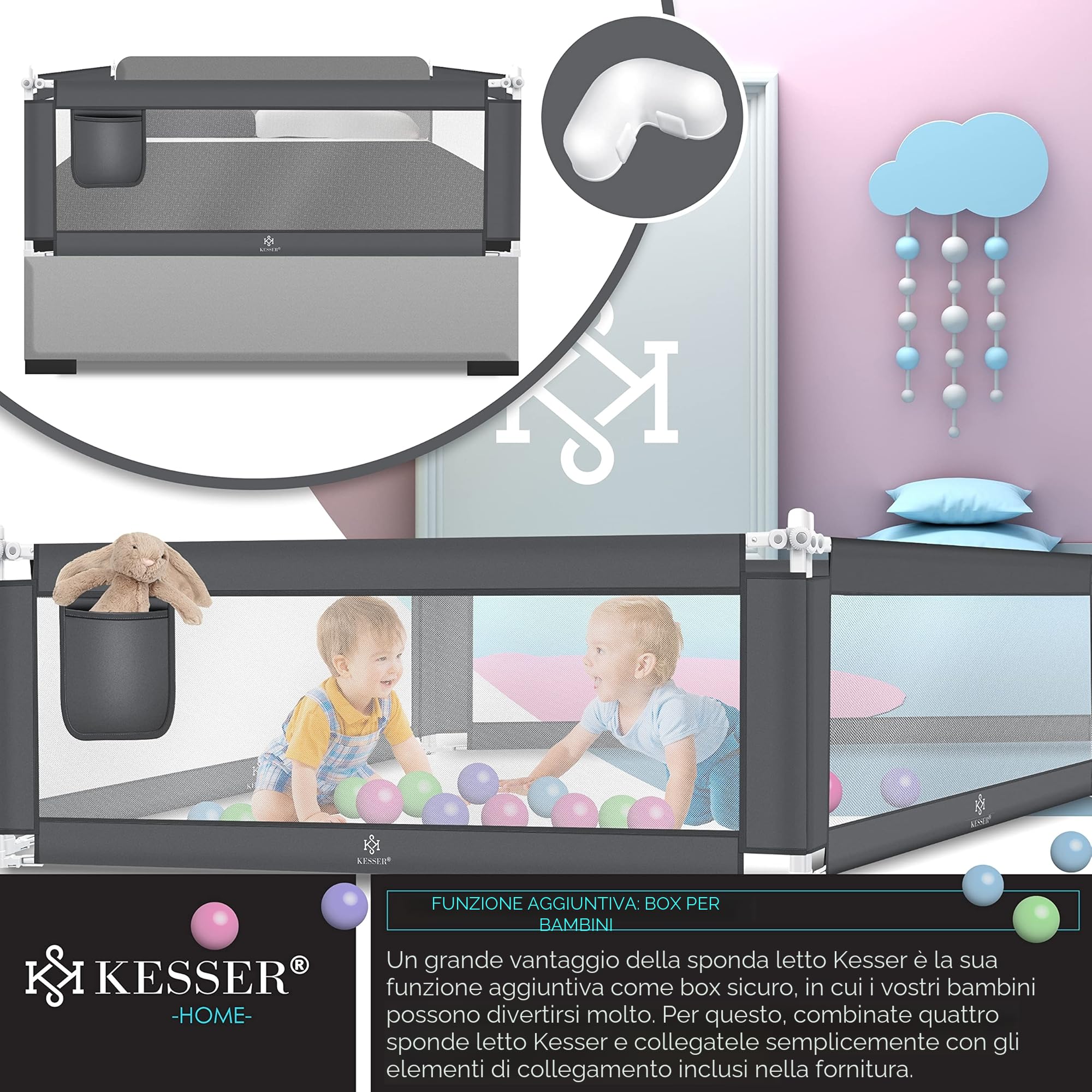 KESSER® Sponda da letto, Protezione per letto, Sponda da letto per bambini, Sponda da culla, Barriera letto per bambini, 150cm - Grigio Scuro