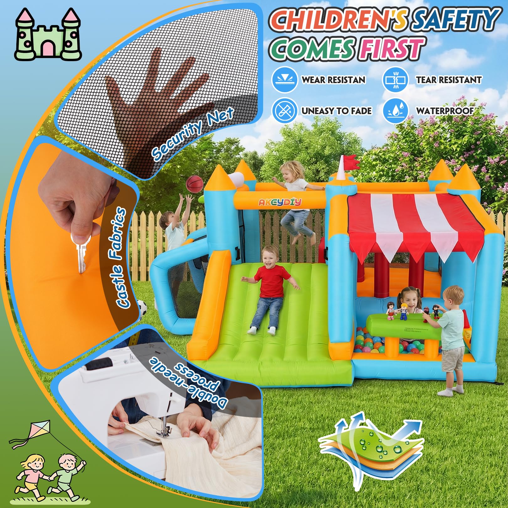 Castello saltante per bambini dai 3 ai 10 anni, castello gonfiabile 10 in 1, per giardino, con scivolo, stand del mercato, area di salto, percorsi di ostacoli e giochi con palla, per feste in giardino