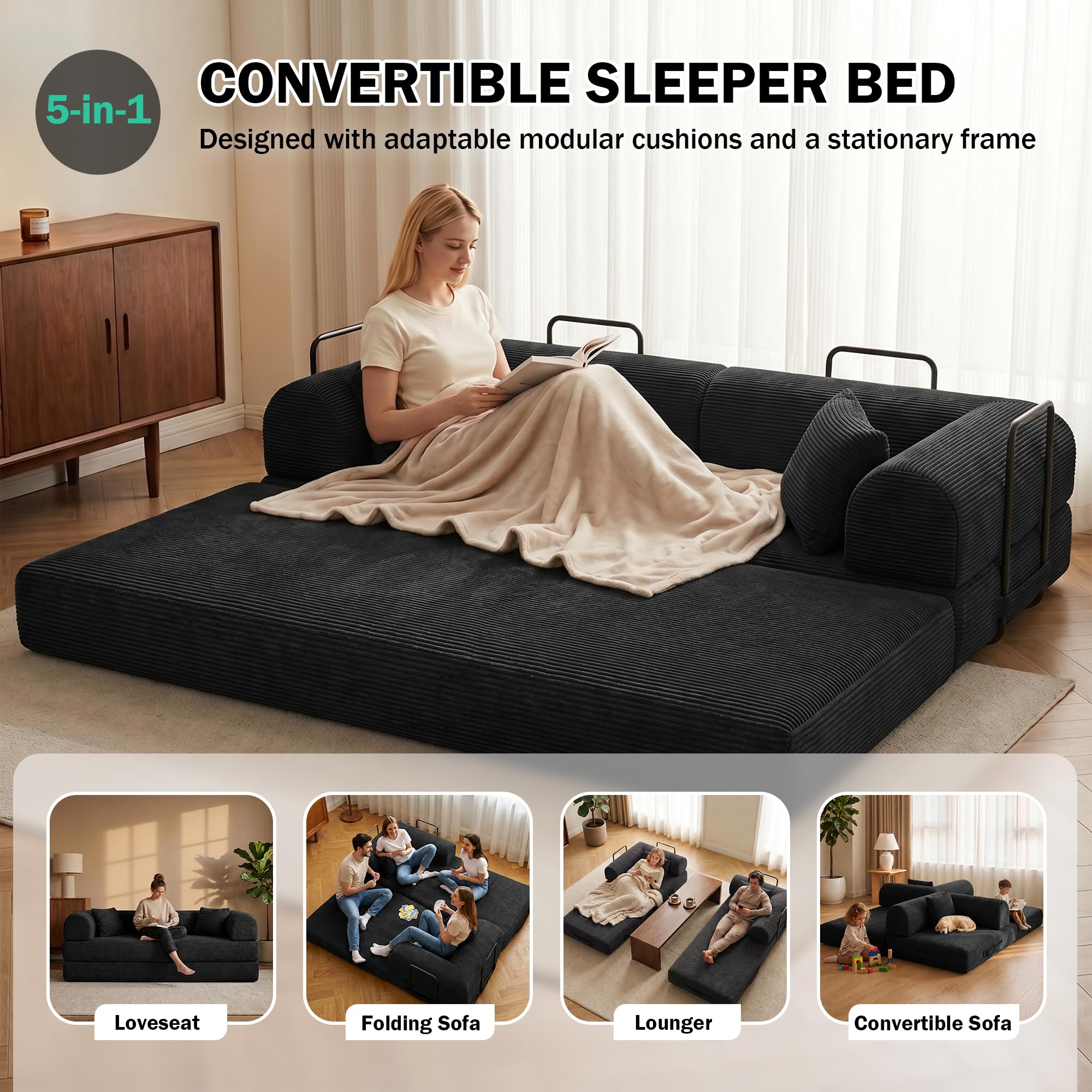 79" Convertible Futon Sofa Bed, Boneless Couch for Living Room, Black | Corduroy Sleeper Sofa, Modular Floor Couch with Pocket Springs and 2 Pillows, Couch Bed No Assembly