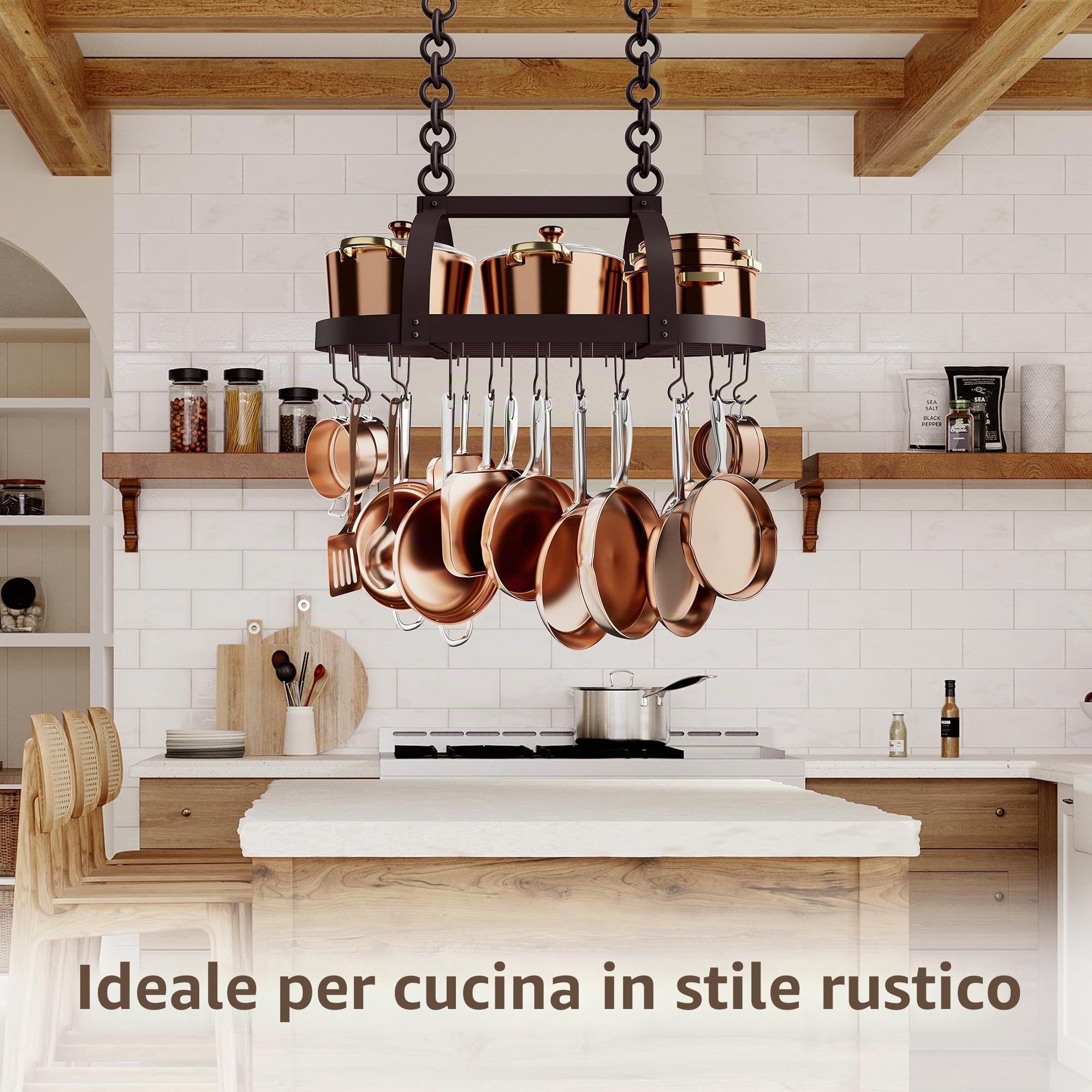 KES Porta Padelle e Pentole da Soffitto Porta Pentole da Cucina Salvaspazio con 20 Ganci per L'archiviazione e L'organizzazione della Cucina Mensola 85CM Bronzo Oliato, KUR221S85-OB