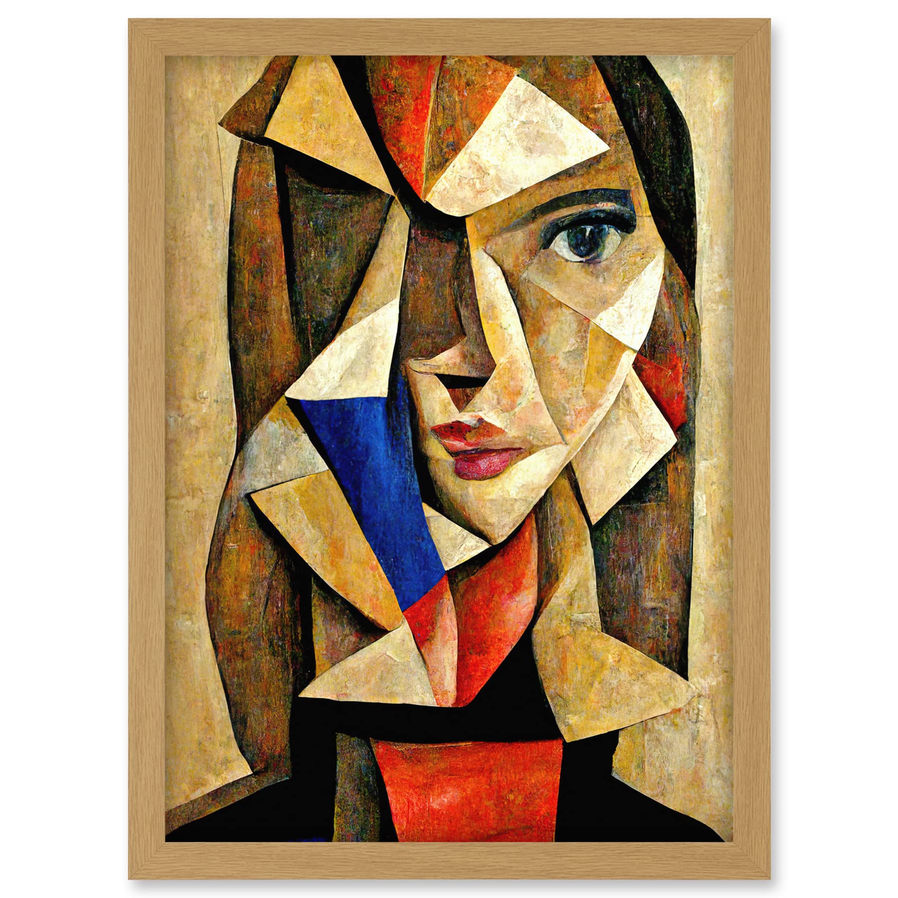 Doppelganger33 LTD Painting Cubism Style Portrait Of Young Woman Beige And Brown Artwork Framed A3 Wall Art Print