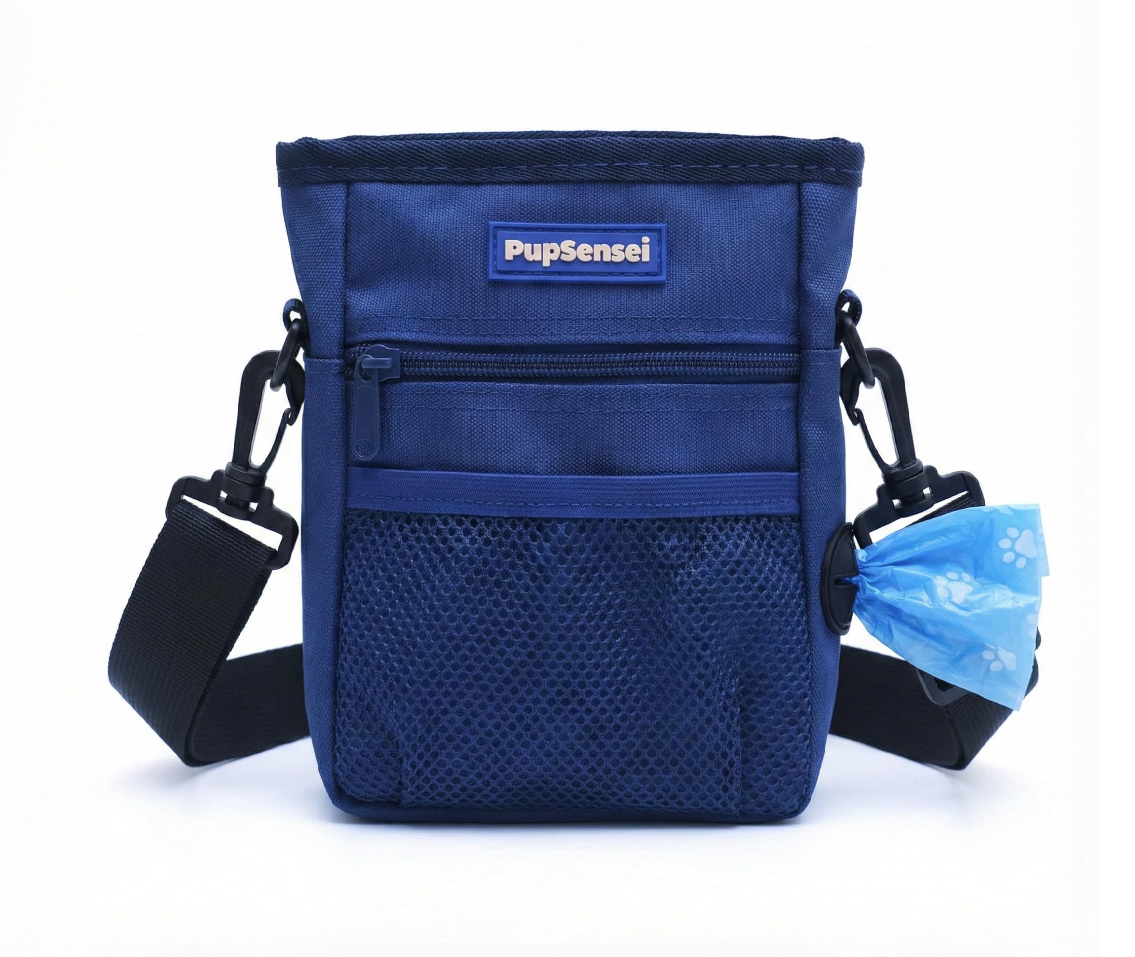 Dog Treat Pouch for Training – Magnetic Dog Treat Bag with Belt Clip & Poop Bag Dispenser – Hands Free Carry Pouch with Auto-Close Access & Shoulder Strap – Durable Pet Gear – Navy Blue
