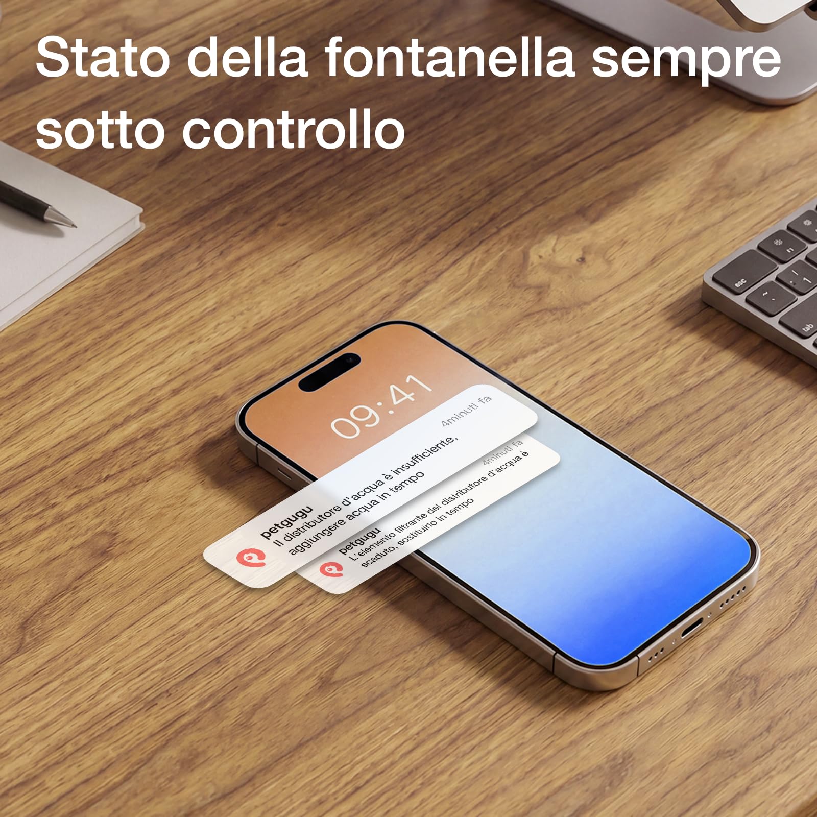 PETGUGU Fontanella per Gatti Intelligente con Monitoraggio dell’Acqua e Report AI, Fontana per Gatti y Cani con Filtro a 8 Strati, Pompa Senza Fili Silenziosa <20 dB, Sensore di Movimento 50cm