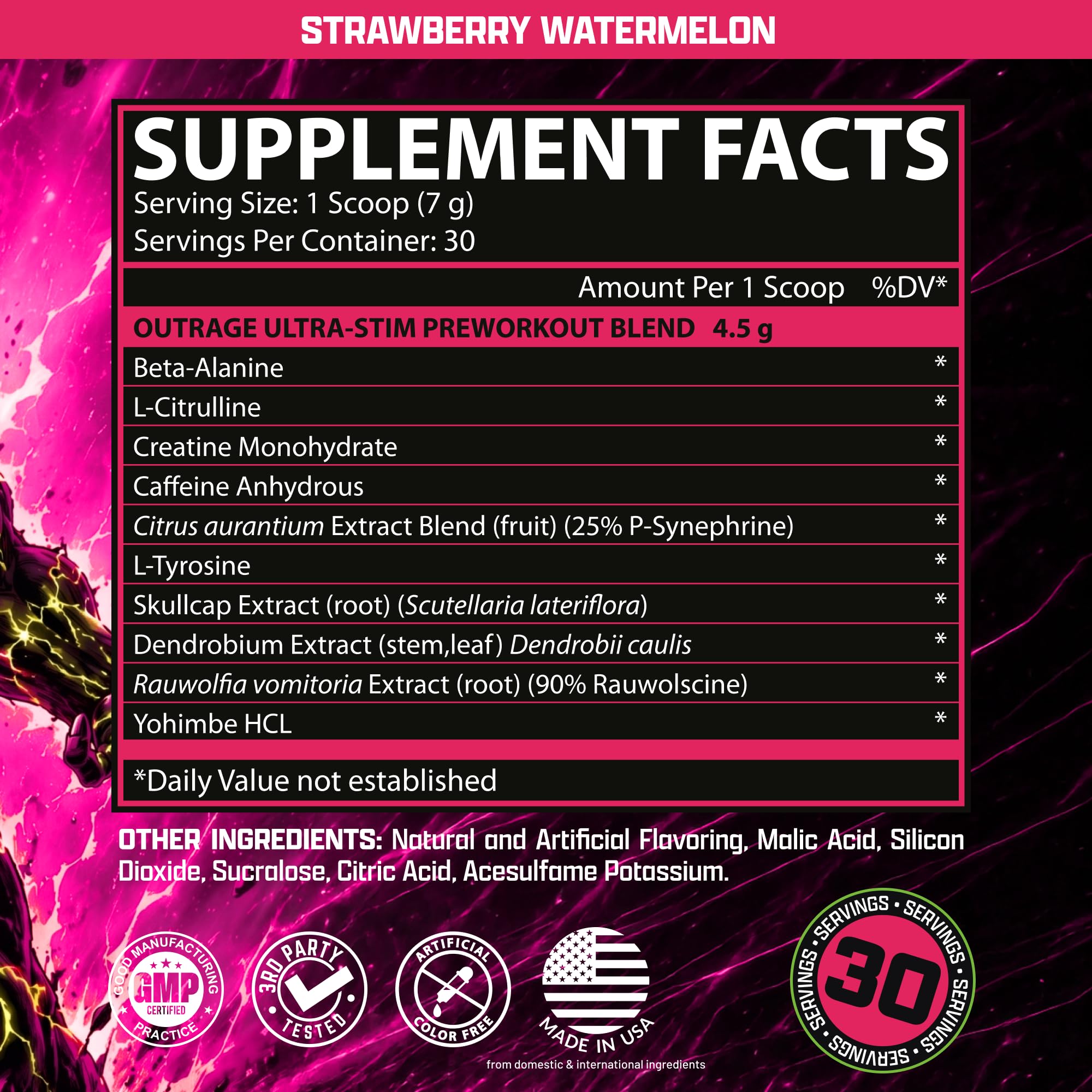 Outrage Ultra HIGH STIM Pre-Workout Powder for Men | 400mg Caffeine, L-Citrulline, Beta-Alanine, Creatine | Extreme Energy, Focus, Strength & Endurance (30 Servings, Strawberry Watermelon) — Amazon image 3