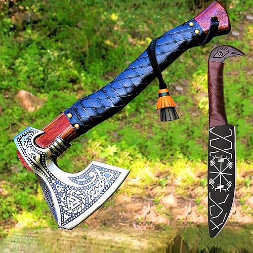 Hacha vikinga con funda de cuchillo de regalo | Hachas y hachas de campamento de acero al carbono forjado a mano para hombres | Hacha de valhalla