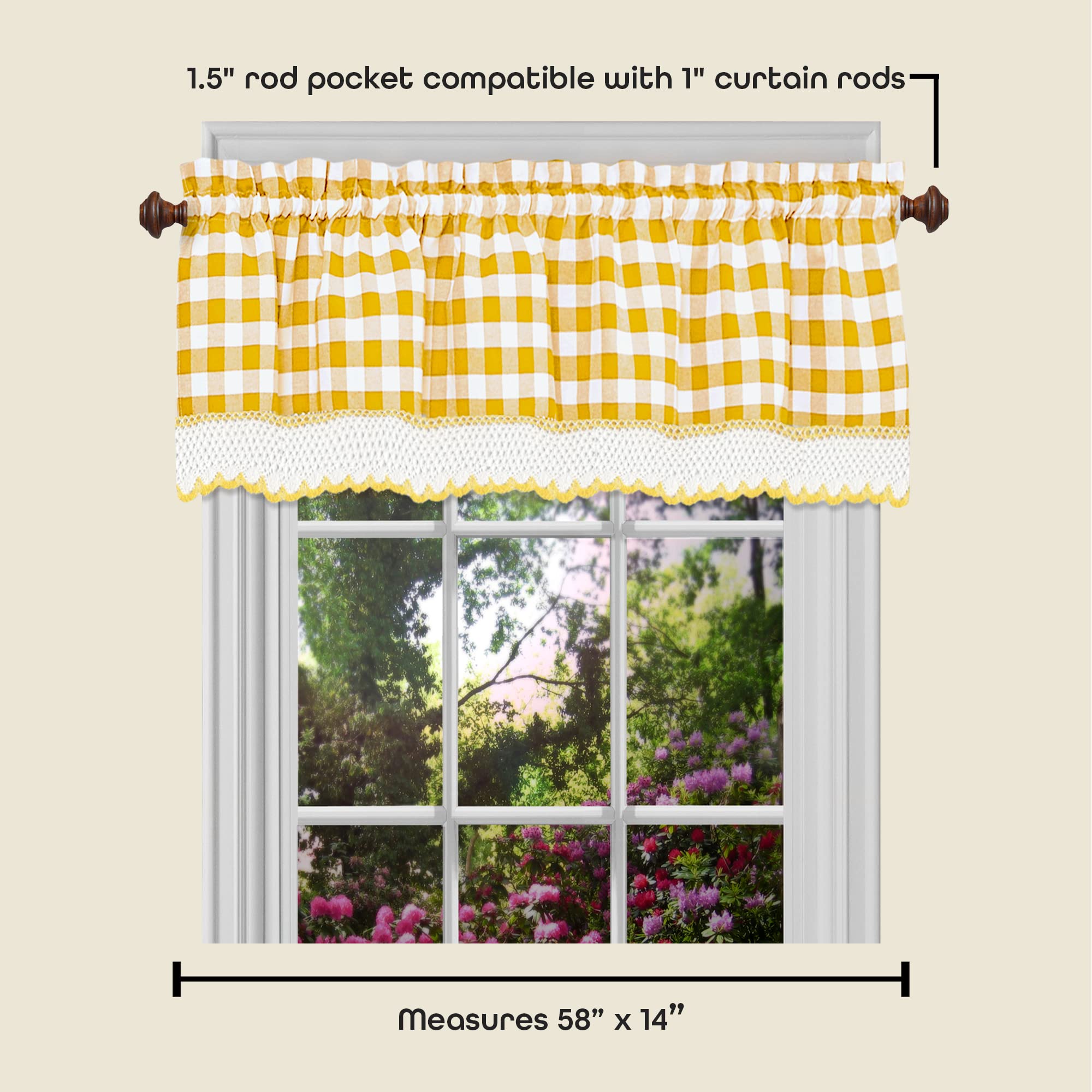 Buffalo Check Valance Window Curtains, 58 Inch Width, 14 Inch Length, Yellow & White Plaid - Image 3