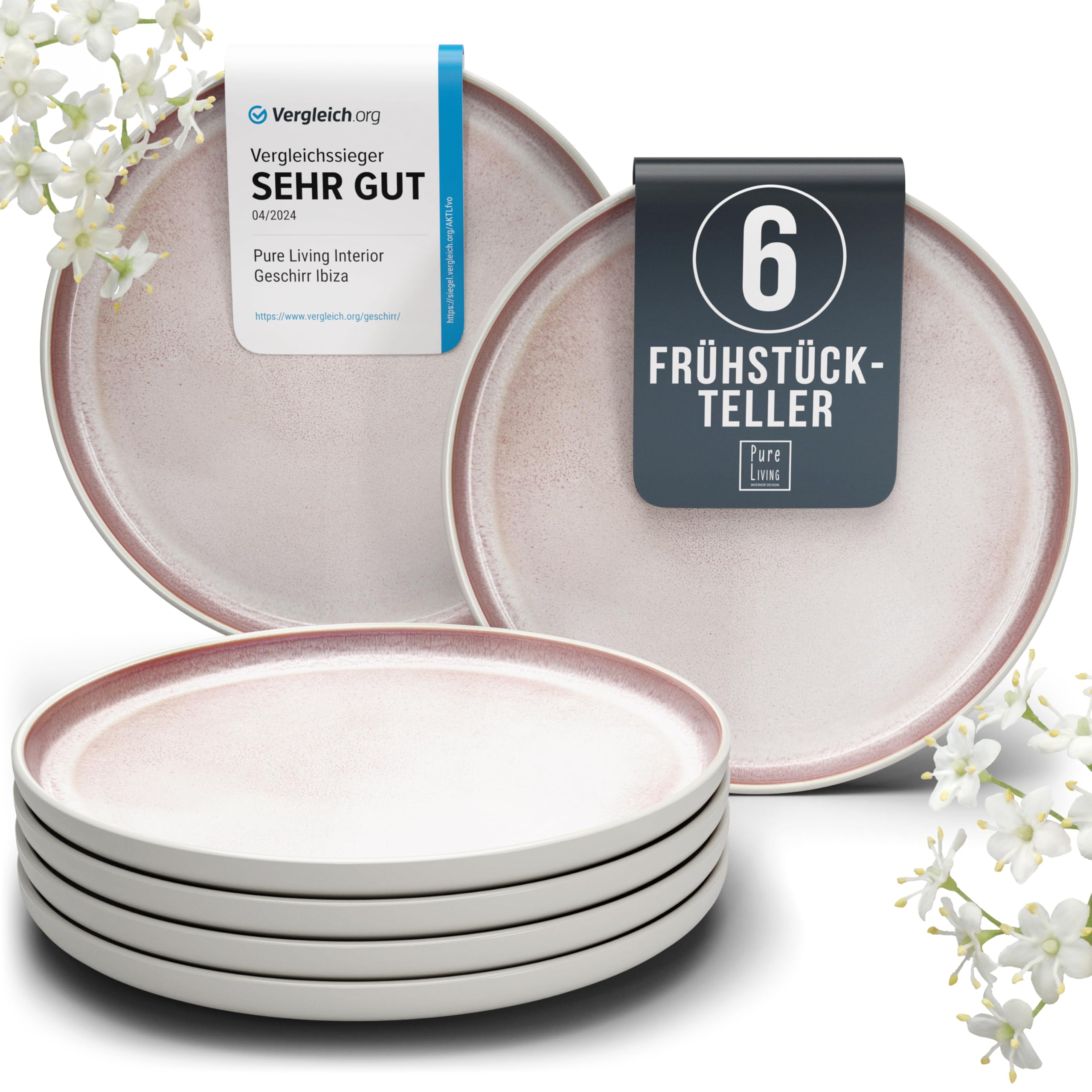 Steingut Frühstücksteller 6 Personen Ibiza TESTSIEGER, Traumhaftes Mediterranes Steingut Dessertteller Set, Kleine Teller, Salatteller - Pure Living in Rose