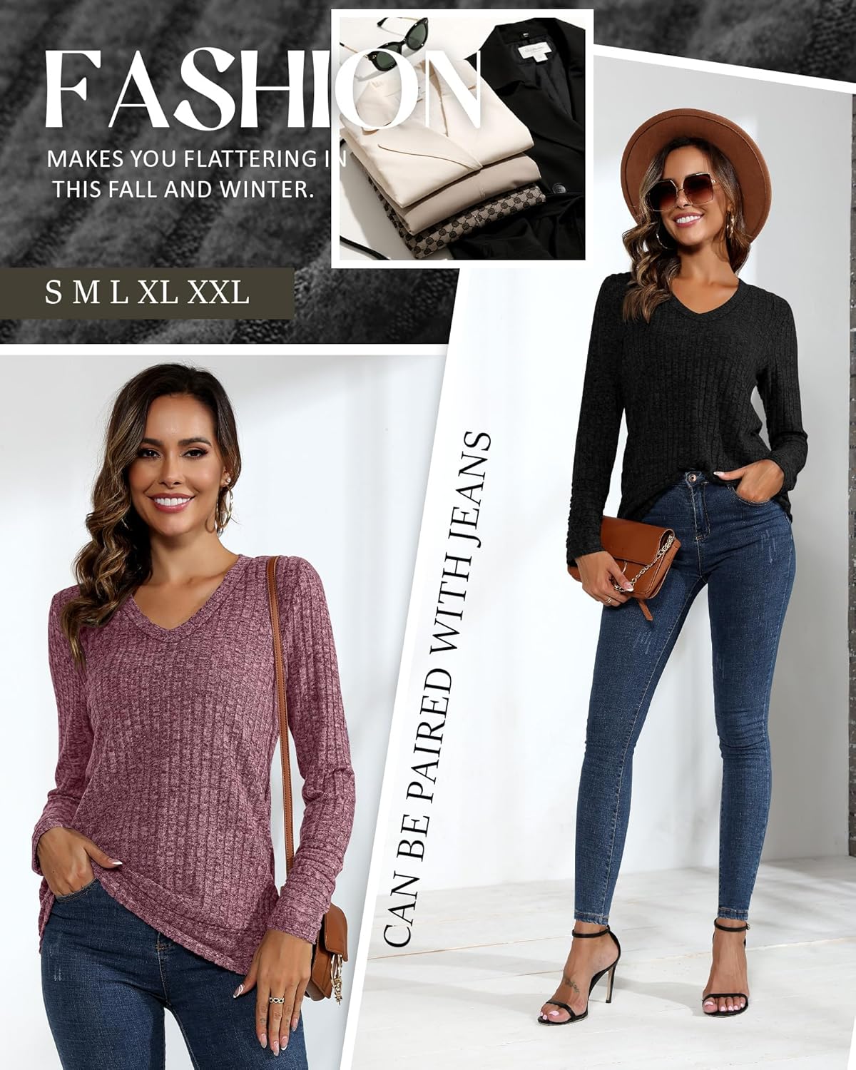 Ficerd 2 Pack Women V Neck Sweaters Long Sleeve Tunic Tops Lightweight Solid Color Casual Tunics Shirts - Image 4