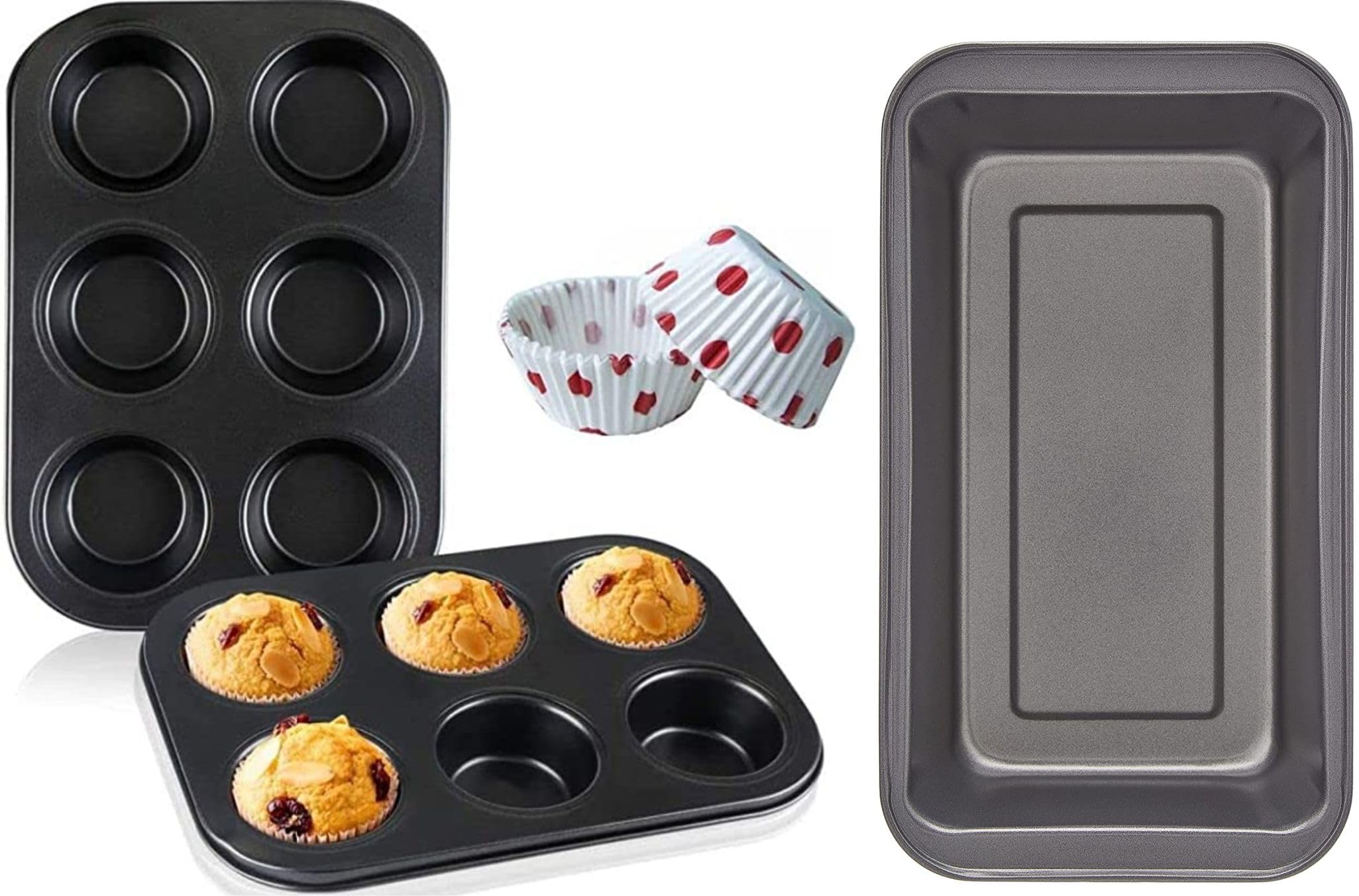 Bake House Popular Combo – Non Stick Outperform Bread Loaf, 6 Muffin & Cupcake Mould Baking Tray Tin Pan (Black)