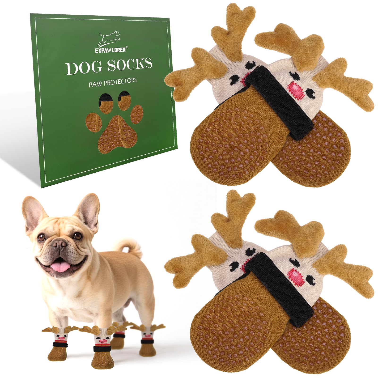 EXPAWLORER Christmas Anti Slip Dog Socks to Prevent Licking Paws, Boots &amp; Paw Protectors with Grippers,Doggie Booties for Hardwood Floors for Small Medium Large Senior Dogs Lifelike Costume Reindeer M