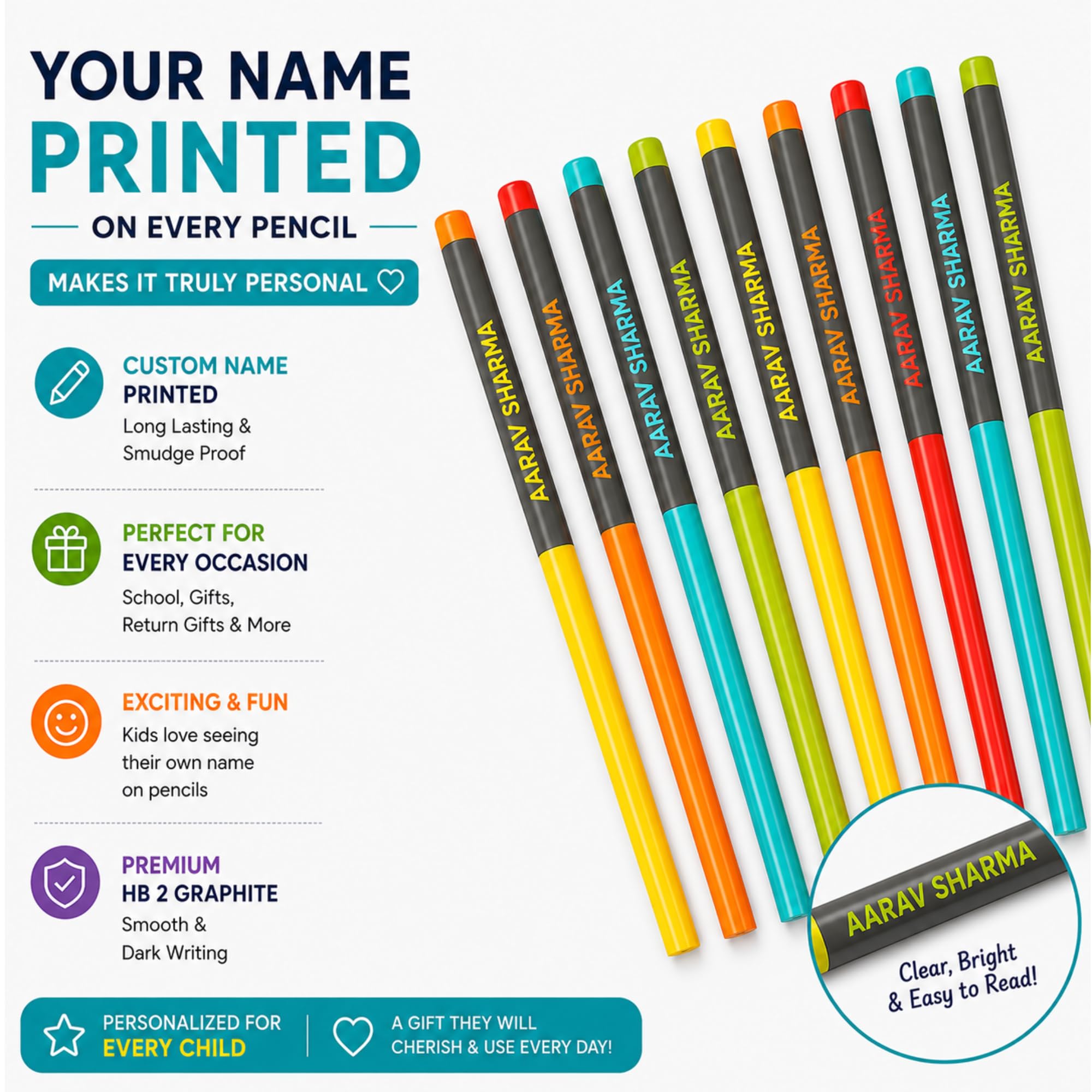 Personalised Name Pencils for Kids | High Quality Graphite Pencils | Customised Engraved Name Pencils | Return Gift for Kids Birthday | With Eraser & Sharpener (Pack of 10) 1