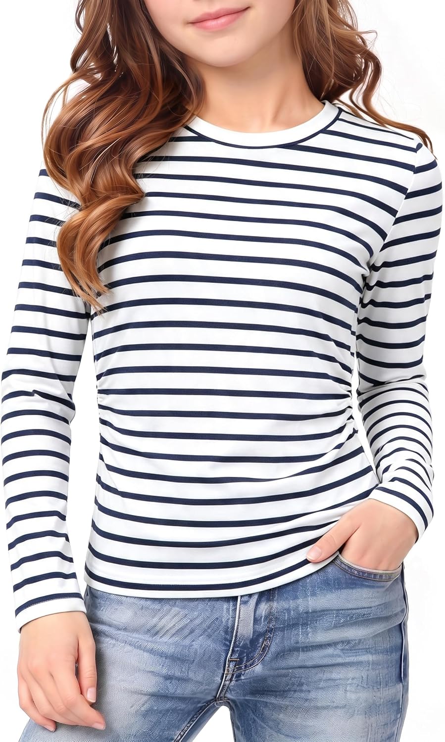XMWEALTHY Girls Long Sleeve Shirts Ruched Side Tops Casual Crewneck Clothes
