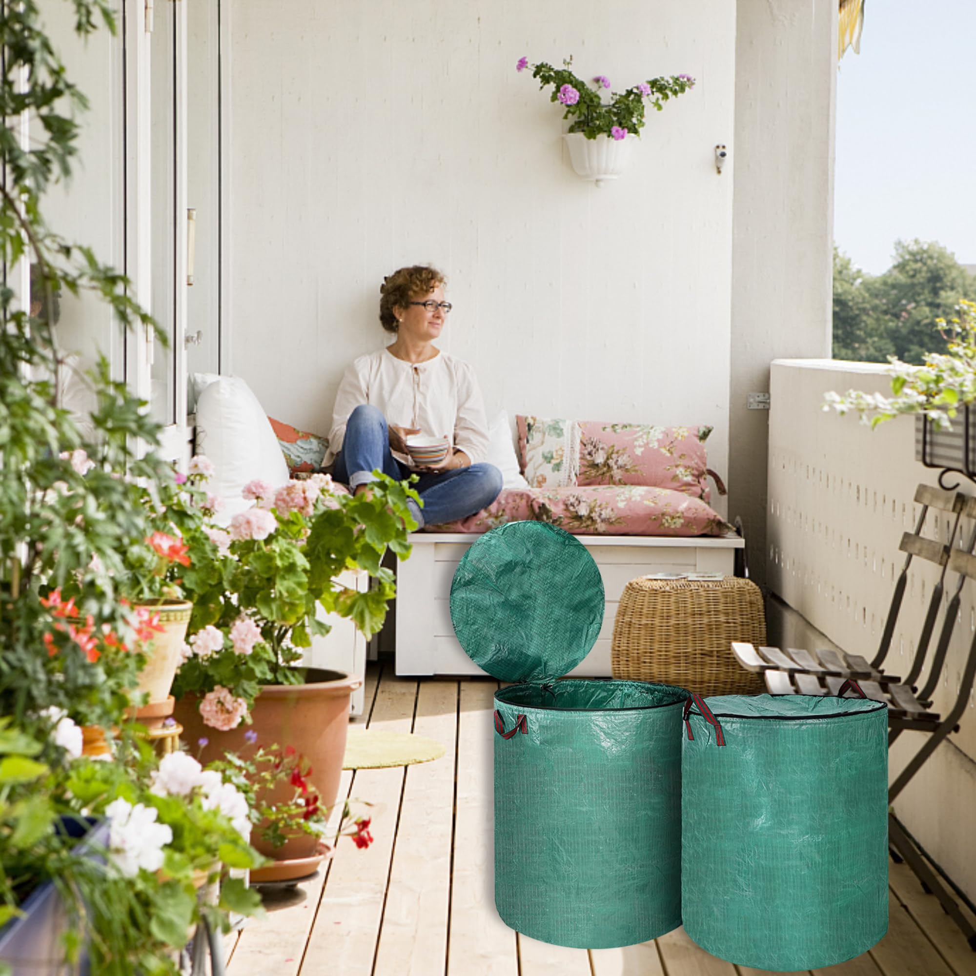 2PCS Sacchi da Giardino con Coperchio a Zip, Sacchi Spazzatura con 4 Maniglie Antistrappo, Robusto, Idrorepellente, Riutilizzabile per Raccogli Foglie da Giardino, Rifiuti Verdi(300L)