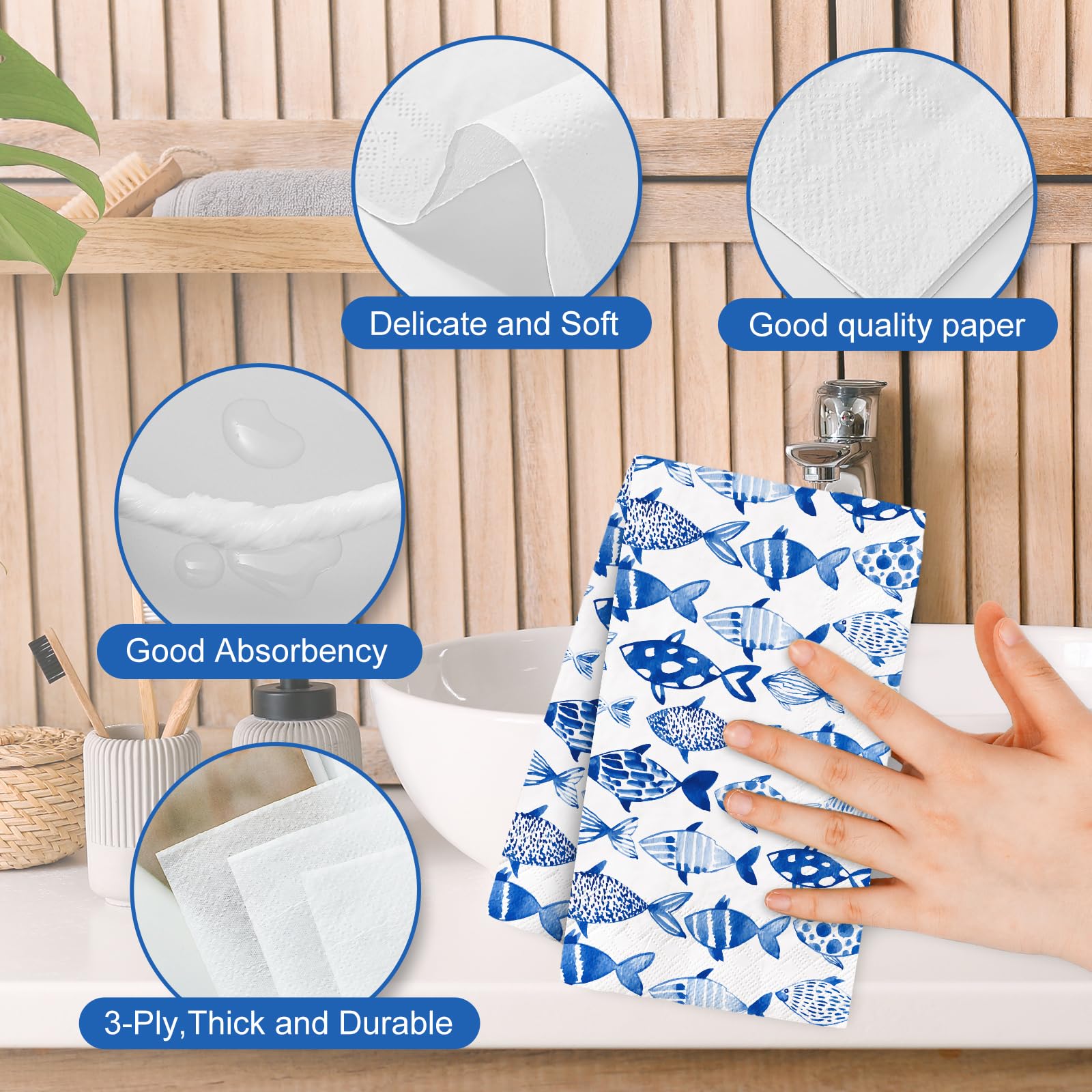 AnyDesign Lot de 200 serviettes jetables en papier pour invités Motif poissons de l'océan Bleu aquarelle