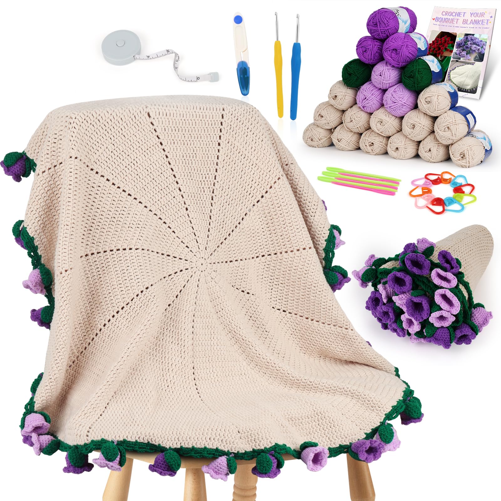 Aeelike Decke Häkelset für Anfänger, Häkelset Blumenstrauß Decke, Weich Handgefertigtes Faltbares Häkelstrauß, Häkeln Set Babydecke Geeignet für Geburtstag, Heimdekoration, Maiglöckchen