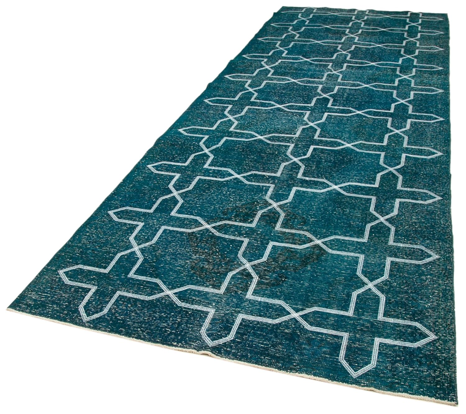 47 x 132 - 140 x 402 Cm Geometric Carpet Turquoise Geometric Bohemian Wool Cotton Handmade Handknotted Vintage