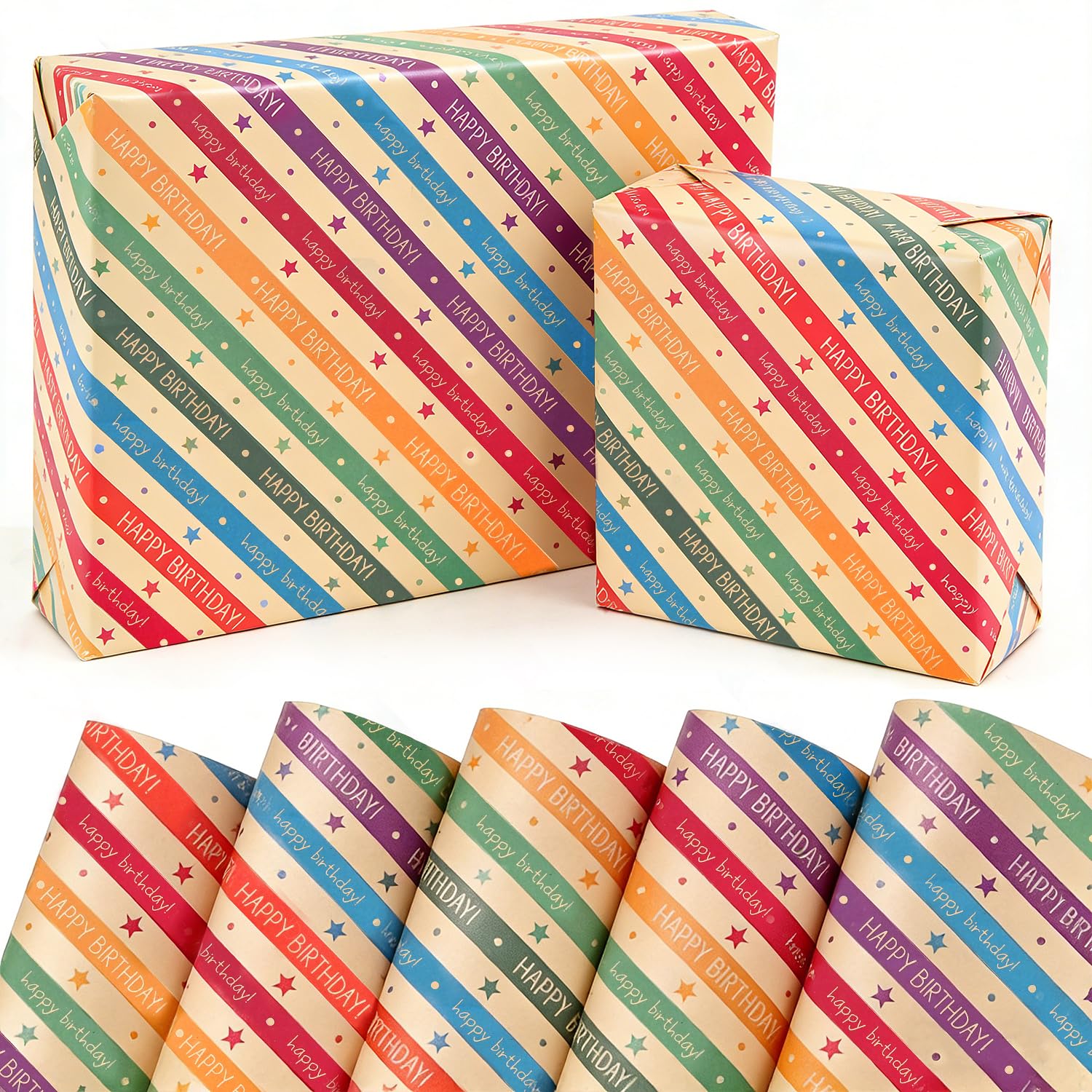 Birthday Wrapping Paper,Colorful Happy Birthday Gift Wrap for Girls Boys Women Men, 5 Sheets 50 * 70cm Recyclable Kraft Lettering Wrapping Paper