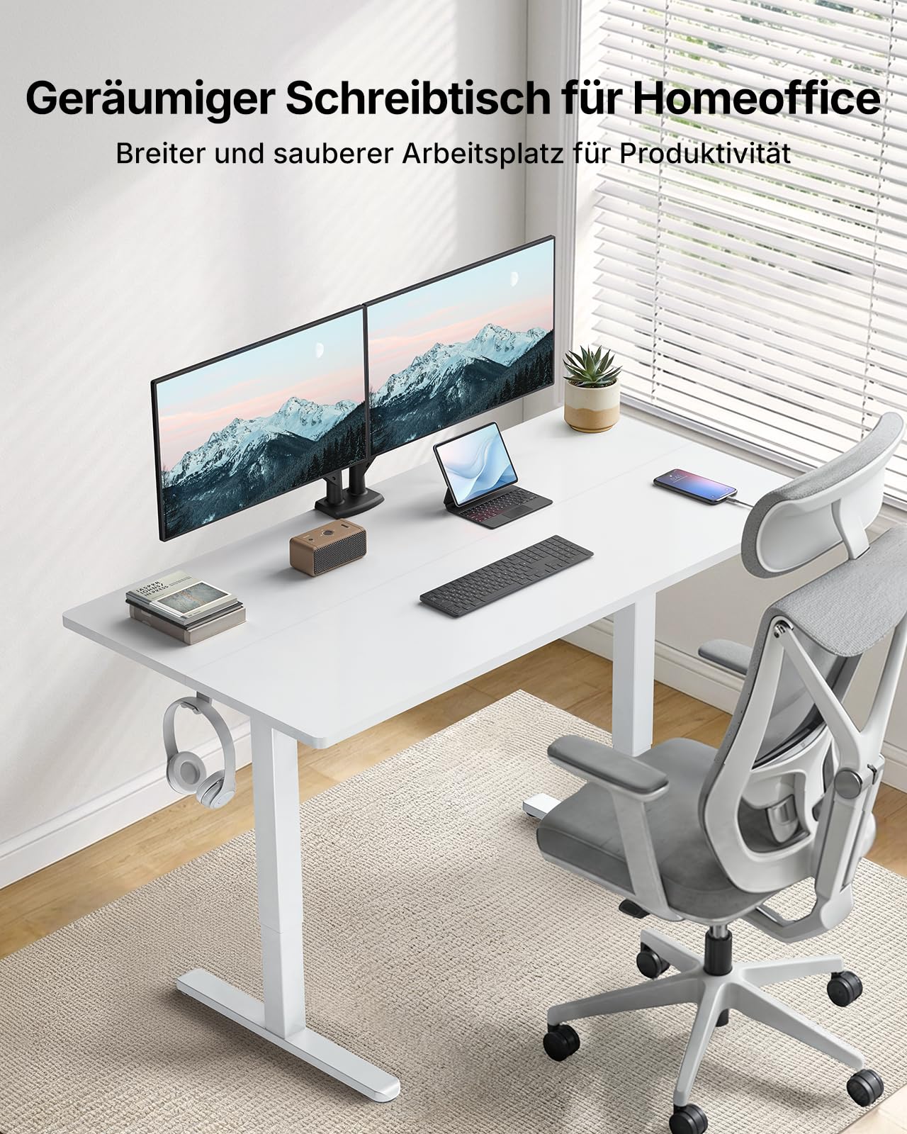 HUANUO Höhenverstellbarer Schreibtisch 120x80cm mit USB-C- & USB-A-Ladeanschluss, Höhenverstellbar von 72-118cm,4 Gedächtnis-Voreinstellungen, Kabelmanagement & Haken