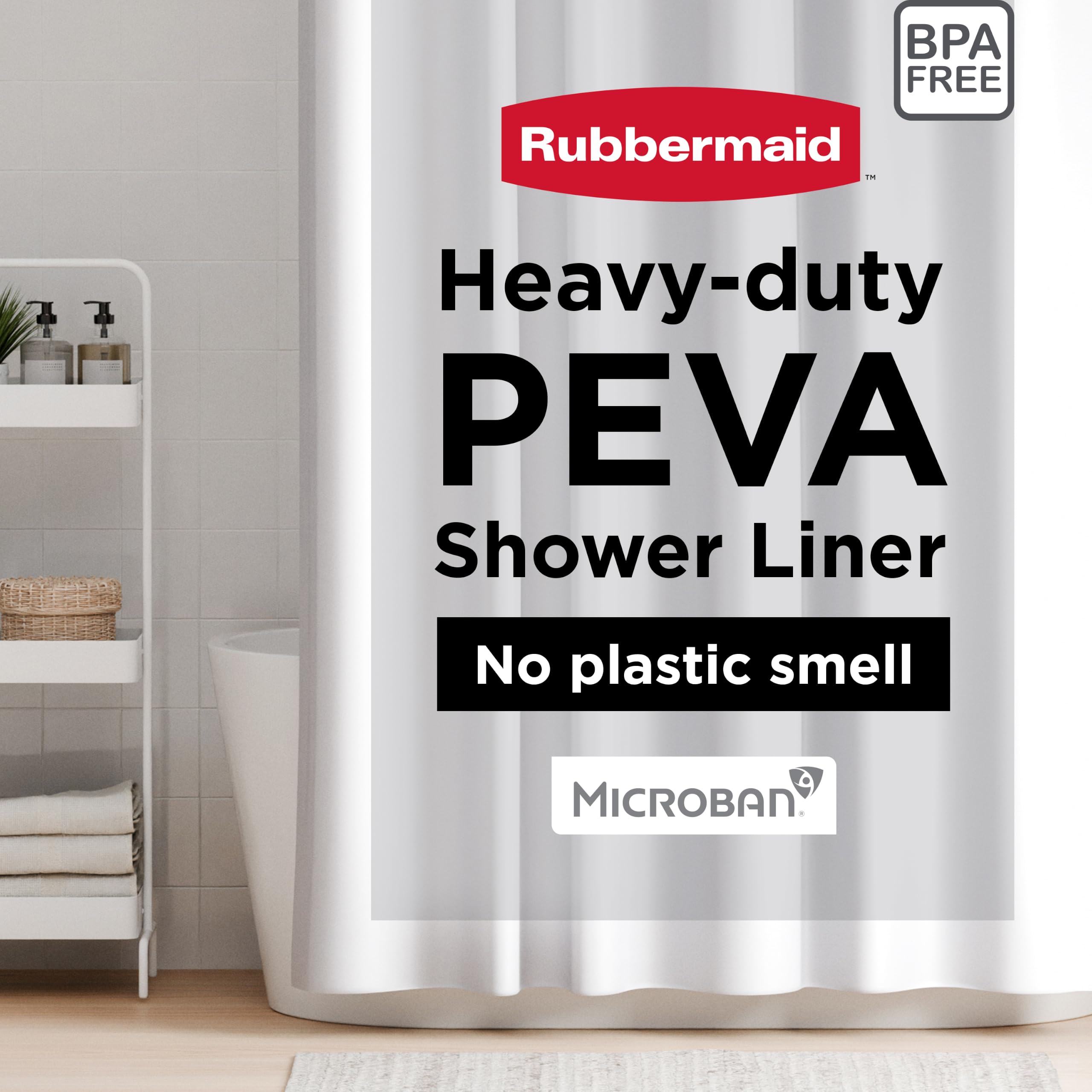 Rubbermaid White Shower Curtain Liner, Waterproof Heavyweight 8g PEVA Shower Liner for Bathroom, with Weighted Magnets and Rustproof Black Grommets, Standard Size, White, 70" W x 72" L (Pack of 6)