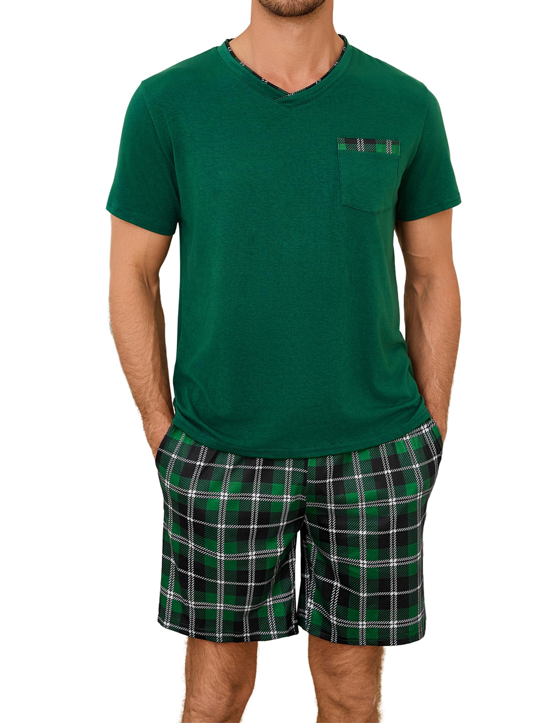 Leversic Zweiteiliger Schlafanzug Herren Kurz Baumwolle mit Karierter V-Ausschnitt, Shorty Pyjama Herren Set Sommer Nachtwäsche Pajamas for Männer