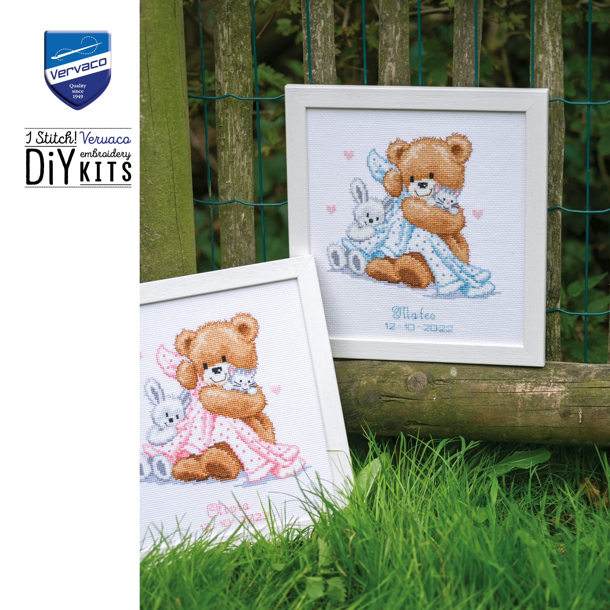 Vervaco Gezählter Kreuzstich Stickpackungen Stickset Baby Geburt Bär mit Decke Wanddekoration Handarbeit Set für Erwachsene Kreatives Handwerk ca. 20 x 22 cm Geburt Geschenk Hausdeko