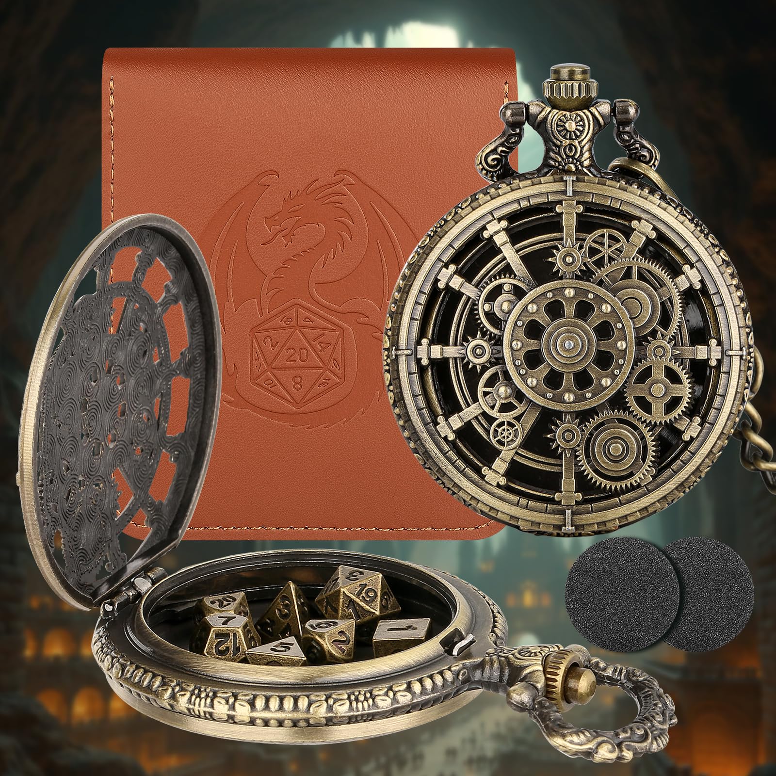 Mini DND Würfelset mit Steampunk Hohlzahnrad Taschenuhr Muschelgehäuse, 7-teiliges Polyedrisches D&D-Würfelset aus Metall, DND Geschenke mit Lederbeutel, Rollenspiel-Brettspielzubehör, Bronze