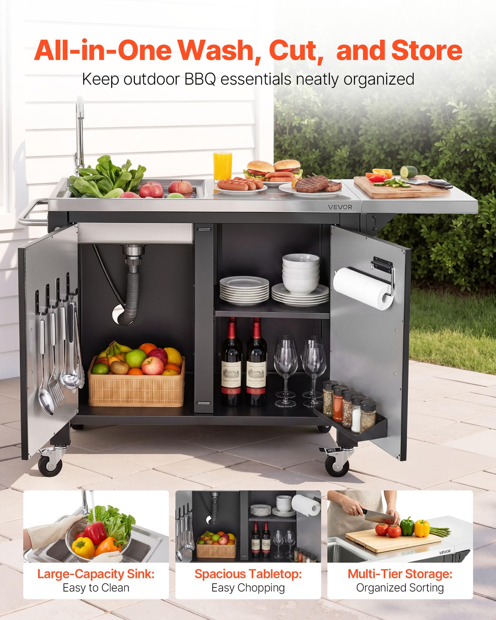 VEVOR Mesa de Barbacoa 132 x 46 x 90,9 cm Tablero de Acero Inoxidable, Carrito de Cocina con Fregadero, con Ruedas, con Armario de Almacenamiento, con Toallero, para Jardín, Bar, Zona de Barbacoa