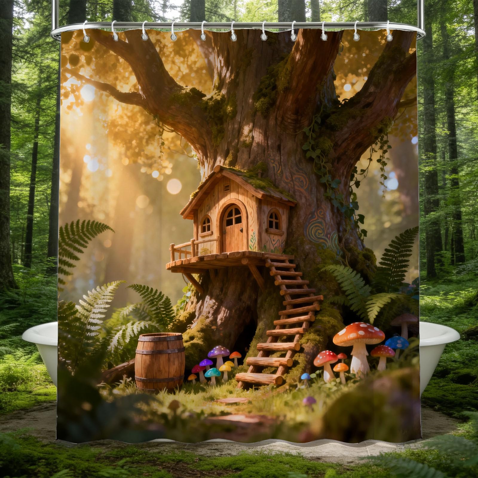 Hongduo 3D Dreamy Forest Shower Curtain for Stalls Bathtubs Mush Bathroom Decor Shower Curtain Set Polyester Fabric Waterproof 180x180cm/71X71 Inch with Hooks