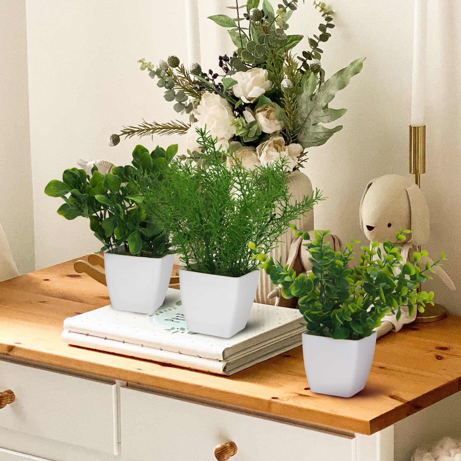 BOMQIA 3 Pack Small Potted Artificial Plants with 3 Plant Hangers,Plastic Faux Plants Indoor Hanging Fake Plants for Home Office Farmhouse Greenery Decor