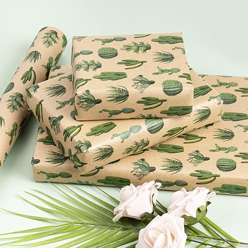 Miniatura 9 de RUSPEPA Rollo de papel de regalo Kraft, diseño de cactus para todas las ocasiones, 17 pulgadas x 32.8 pies