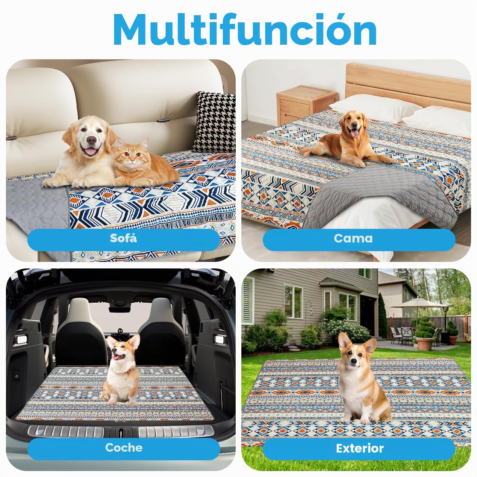 100% Manta Impermeable de Doble Cara para Perro, Manta Bohemia para Cama de Perro, Protector de Muebles de sofá para Cachorros, Gatos y niños, Lavable y Reversible