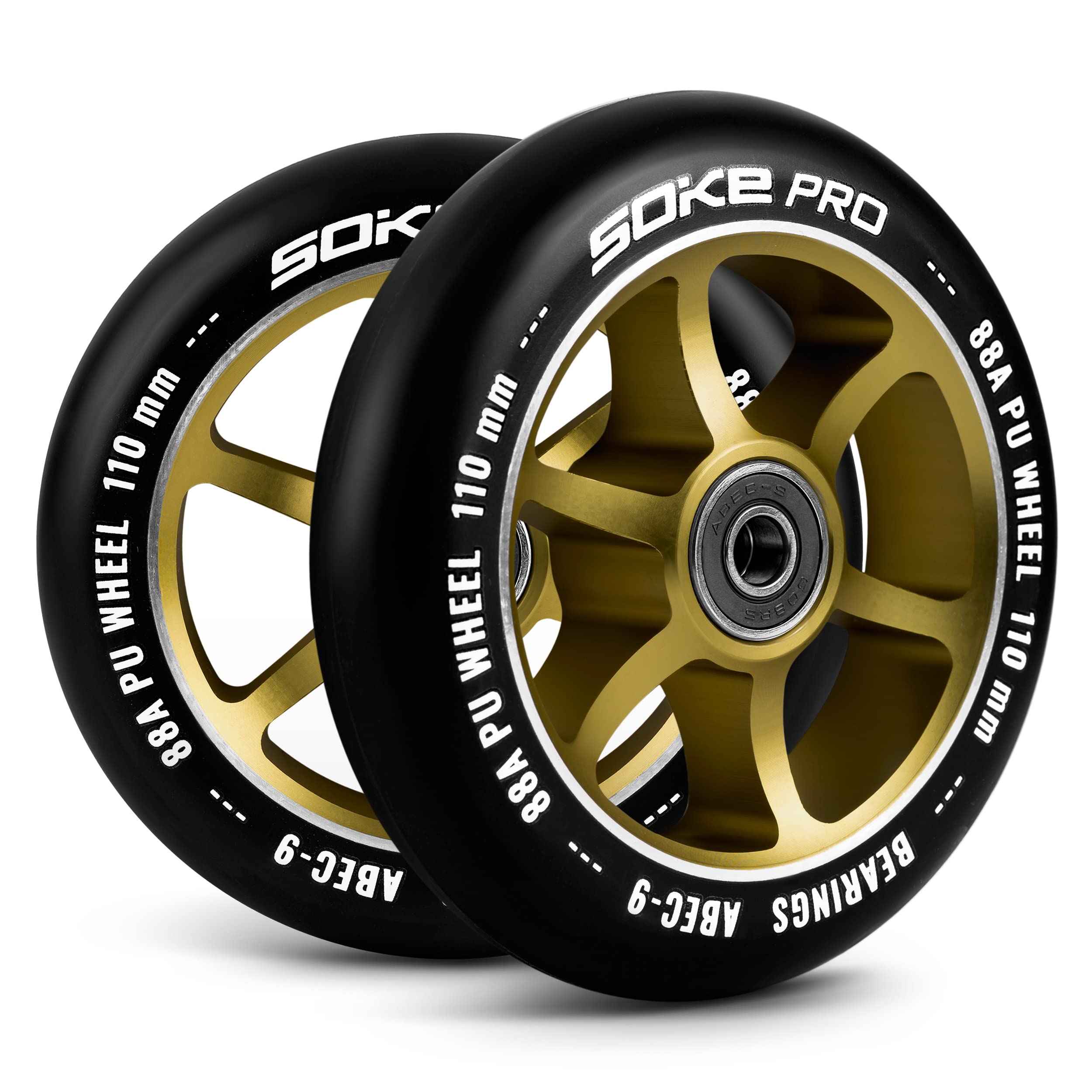 SOKE Juego de ruedas de patinete de 2 piezas de diámetro 110 mm con ruedas de 8 mm rodamientos ABEC 9 dureza 88A aluminio y PU para superficies duras doradas