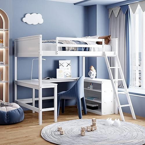 Solid Wood Full Size Loft Bed with Under The Bed U-Shaped Desk and Shelves, Strong Loft Bed Frame with Lnclined Ladder and Safety Guardrail for Kids Teens Adults (White)