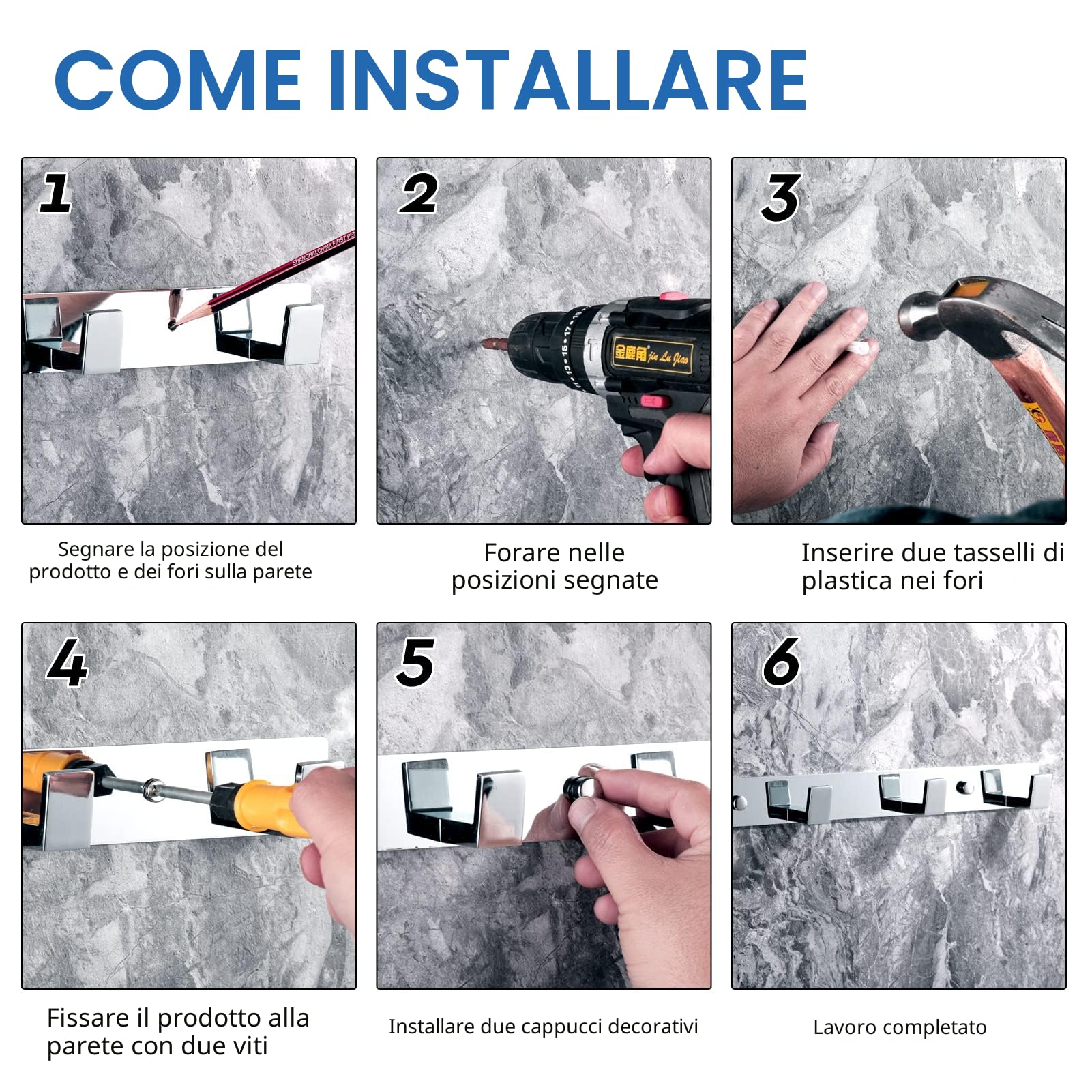 YUET Attaccapanni da Parete con 4 Gancio, Asciugamani Muro Portasciugamani In Acciaio Inossidabile Cromato Porta Cucina Ganci Accappatoio Appendiabiti Asciugamano Gancio Bagno