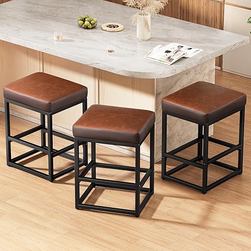 Miniatura 1 de Juego de 3 taburetes de bar de altura de mostrador, taburetes de bar de 24 pulgadas para encimera de cocina, taburetes de cuero sintético con