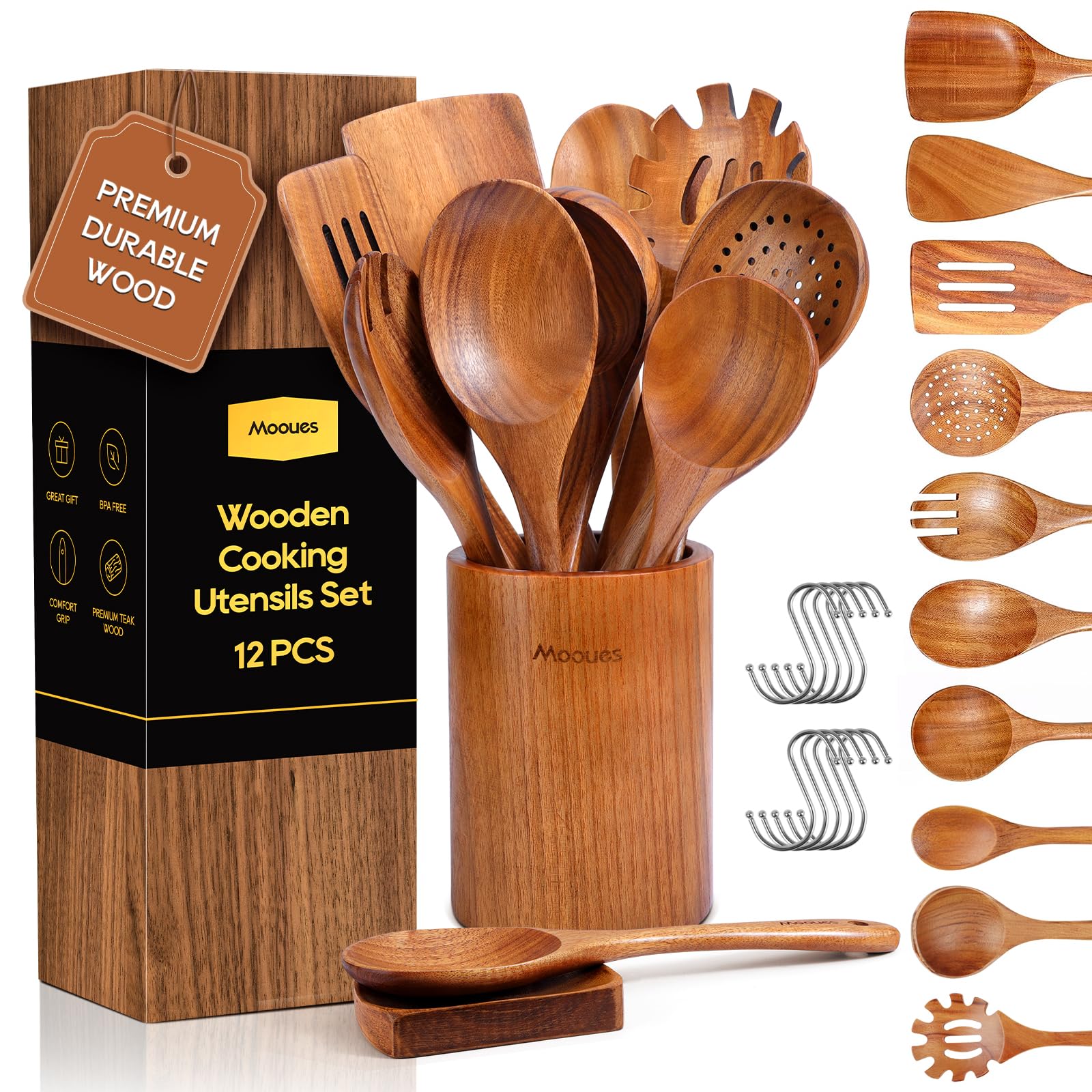 Juego de utensilios de cocina de madera, herramientas de cocina de 12 piezas