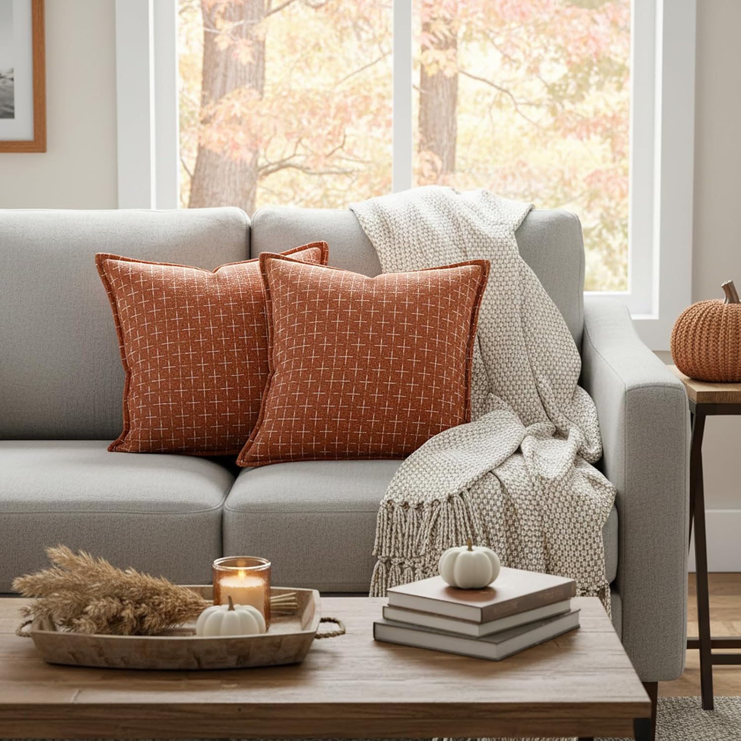 Burt Orange Throw Pillow Cover 20x20 Inch Farmhouse Texture Pillow Covers Vintage Couch Pillow Case Rustic Cushion Cases for Sofa Bed Living Room Boho Decor