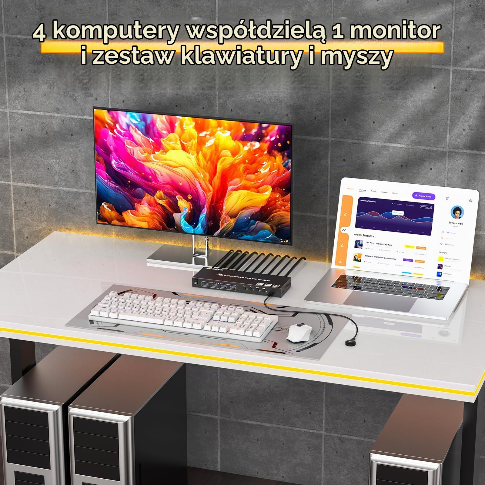 4 Poort HDMI KVM Switch 4 Komputery 4K@60Hz Simulacja EDID, 4 PC KVM Switch 1 Monitor z 4 portami USB 3.0 dla drukarki klawiaturowej i myszy, z kontrolerem zasilaniem 12V i 4 kablami USB